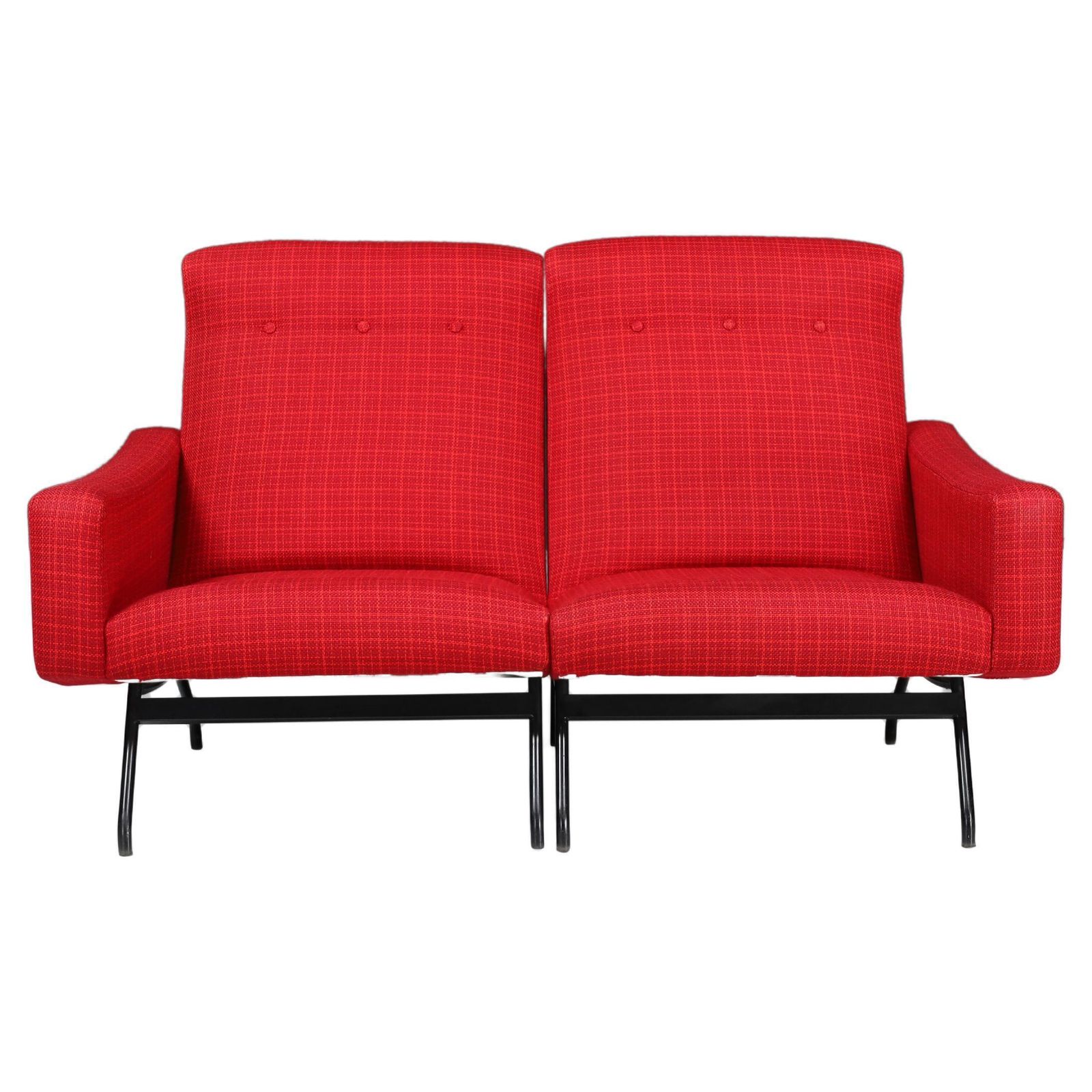 Joseph André Motte Sectional Sofa Two Seat Red Original Upholstery France, 1950