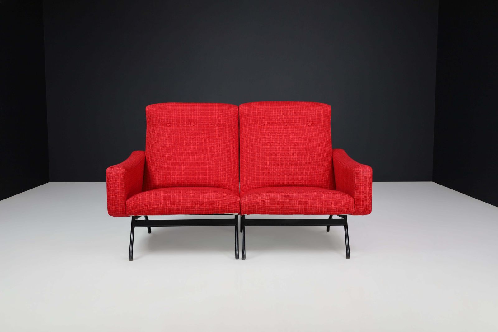 Joseph André Motte Sectional Sofa Two Seat Red Original Upholstery France, 1950 photo furniture