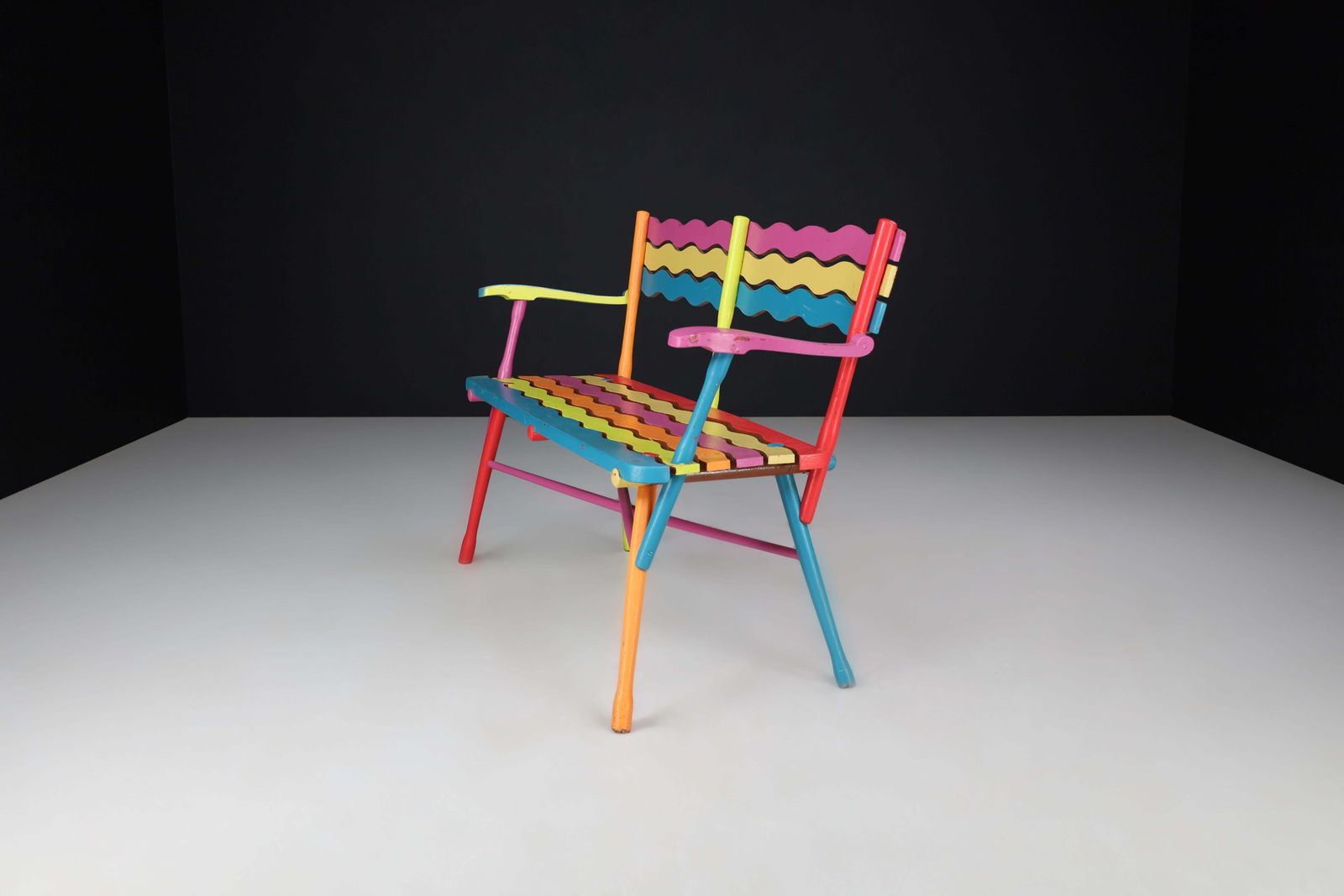 French Mid Century Painted Beechwood Bench, 1960s photo for sale