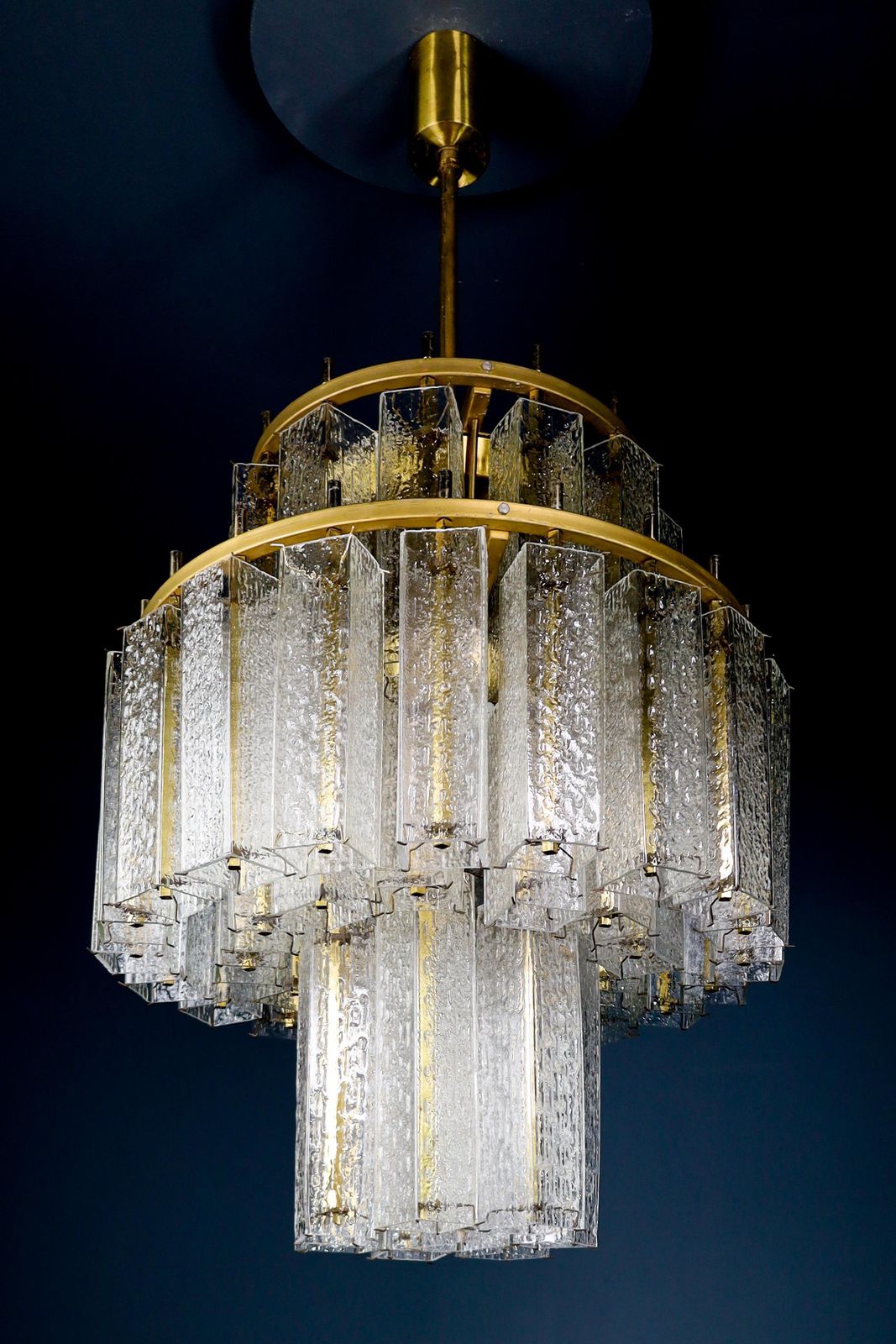photo for sale Le Grande Xl Midcentury Chandelier In Brass & Structured Ice Glass, Austria 1950