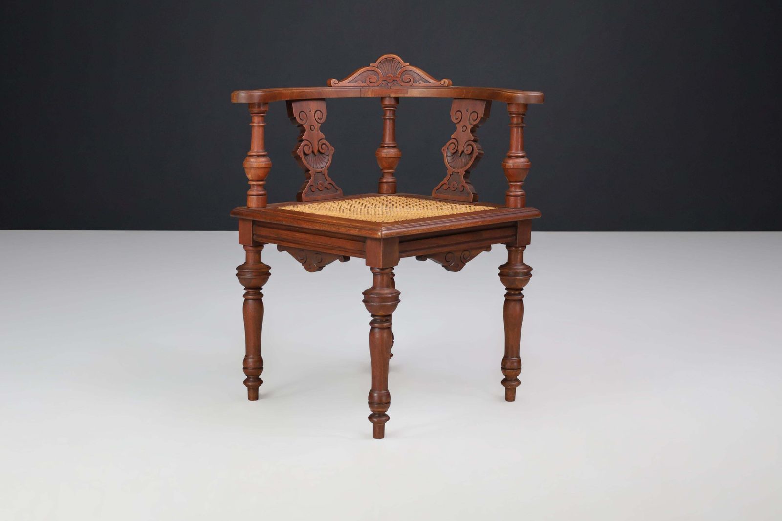 Antique German Corner Chair, Circa 1880 – Hand Carved Walnut With Cane Seat photo vintage