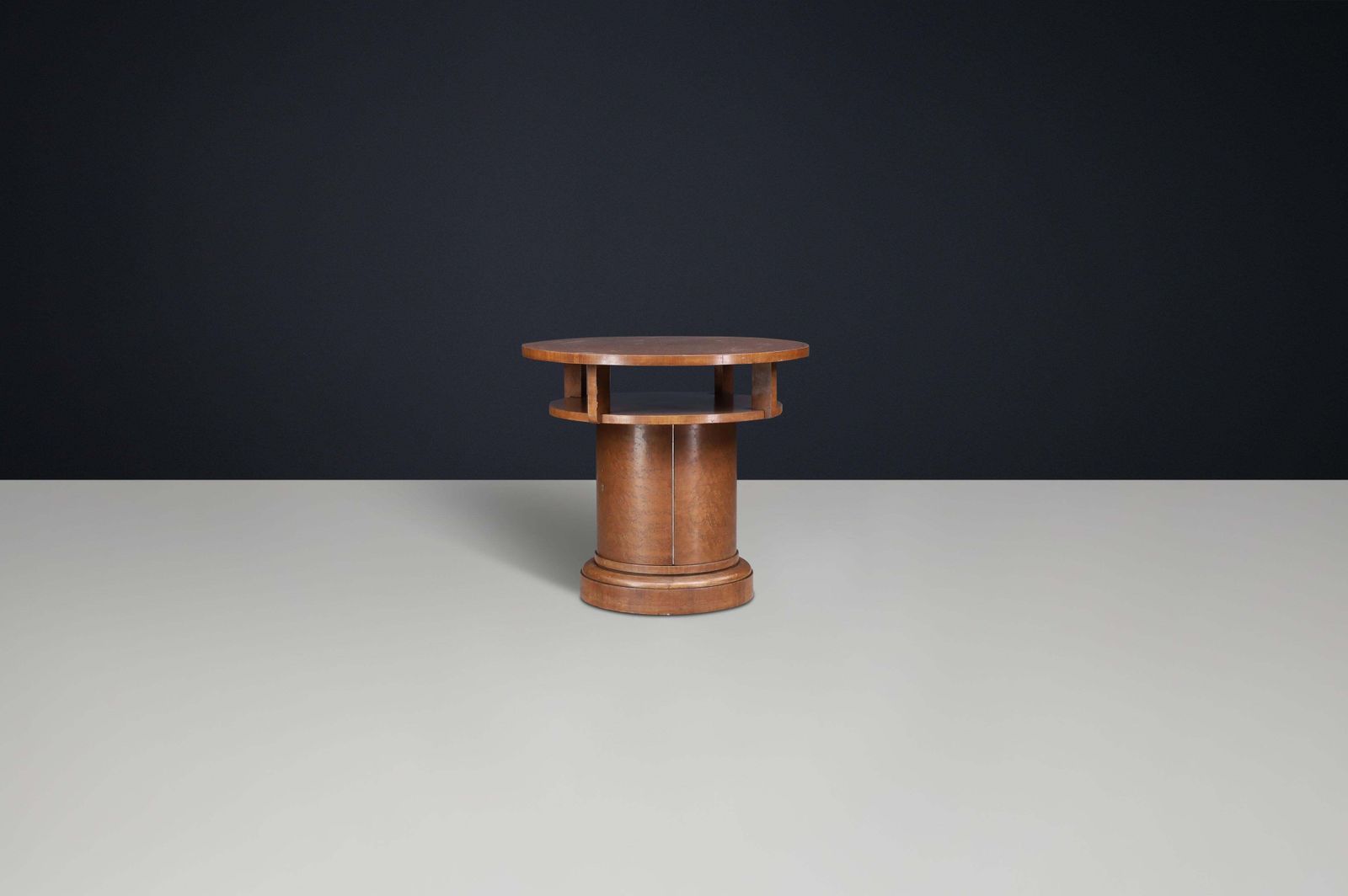 photo for sale 1930s Czechoslovak Art Deco Round Birch Pedestal Table With Storage.