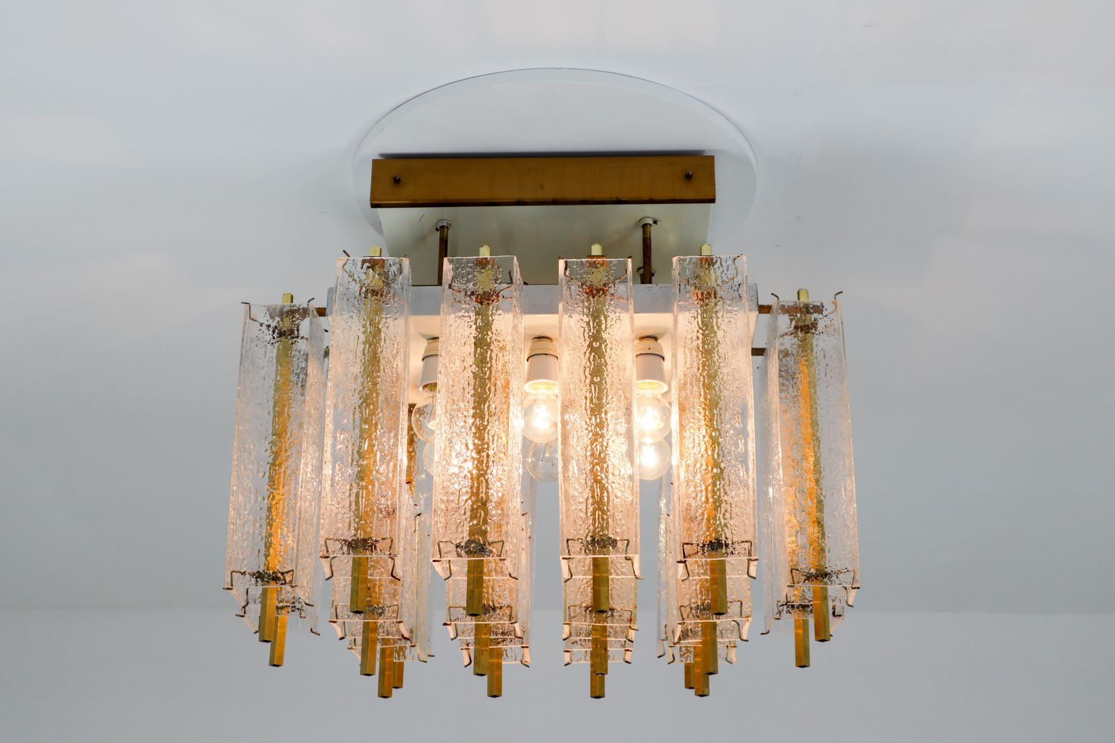 1 Of 9 Large Midcentury Chandelier With Structured Glass And Brass Frame, 1960s photo for sale
