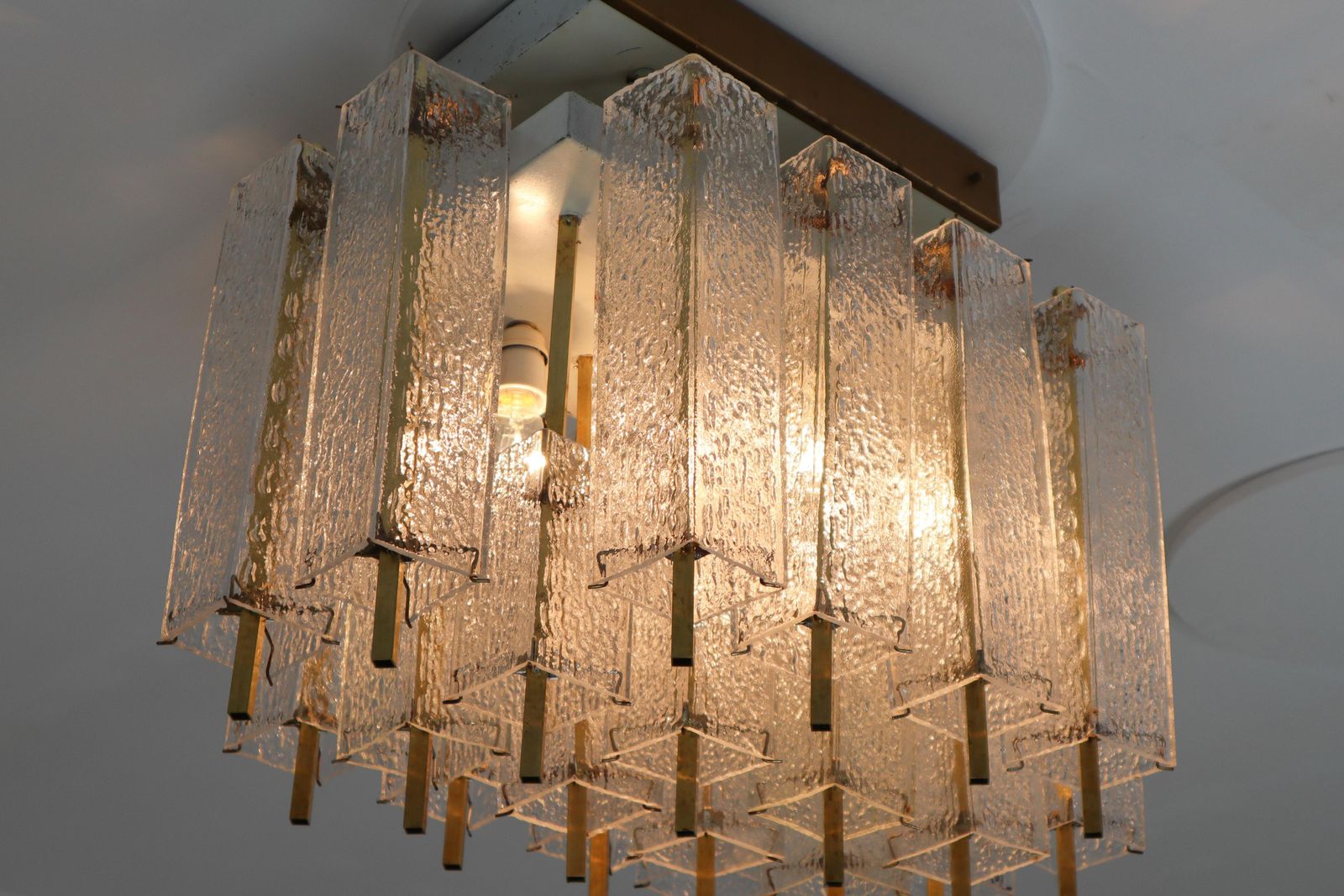 photo vinterior 1 Of 9 Large Midcentury Chandelier With Structured Glass And Brass Frame, 1960s