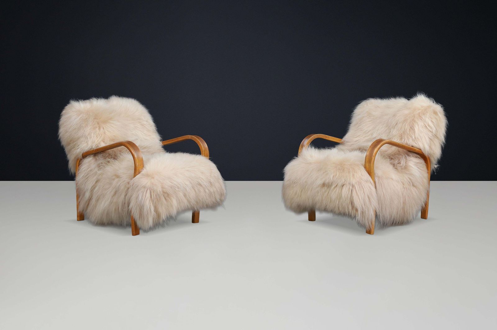Patinated Bentwood Lounge Chairs By Kozelka & Kropáček In Long Haired Icelandic. photo furniture