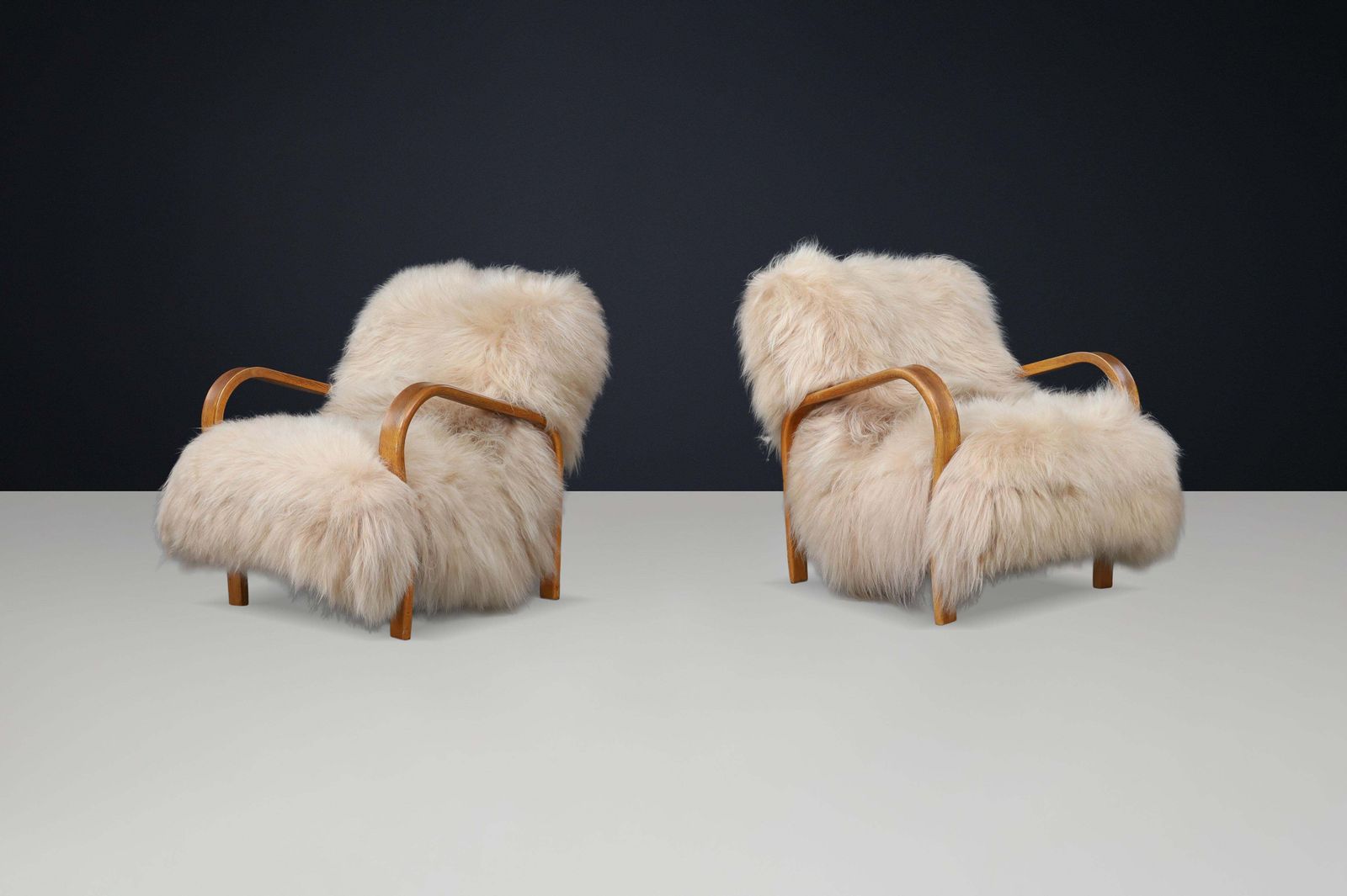 Patinated Bentwood Lounge Chairs By Kozelka & Kropáček In Long Haired Icelandic. photo 6072.0