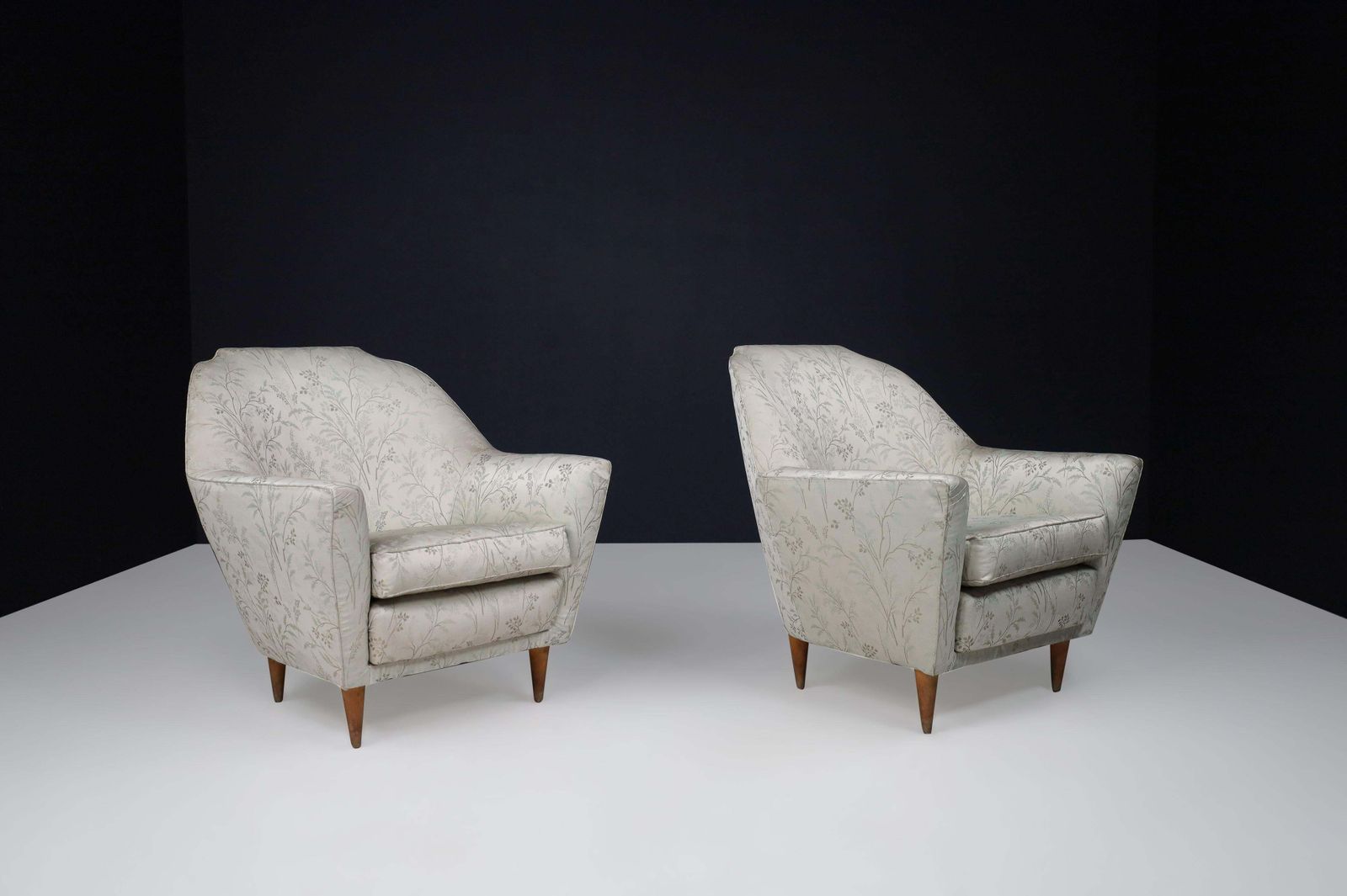 photo for sale Mid Century Armchairs In Fabric And Tapered Wooden Legs, Italy 1950s