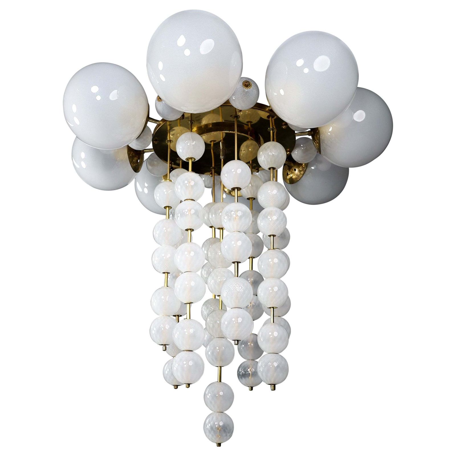 Grand Chandelier With Brass Fixture And Hand Blowed Frosted Glass Globes, 1960s