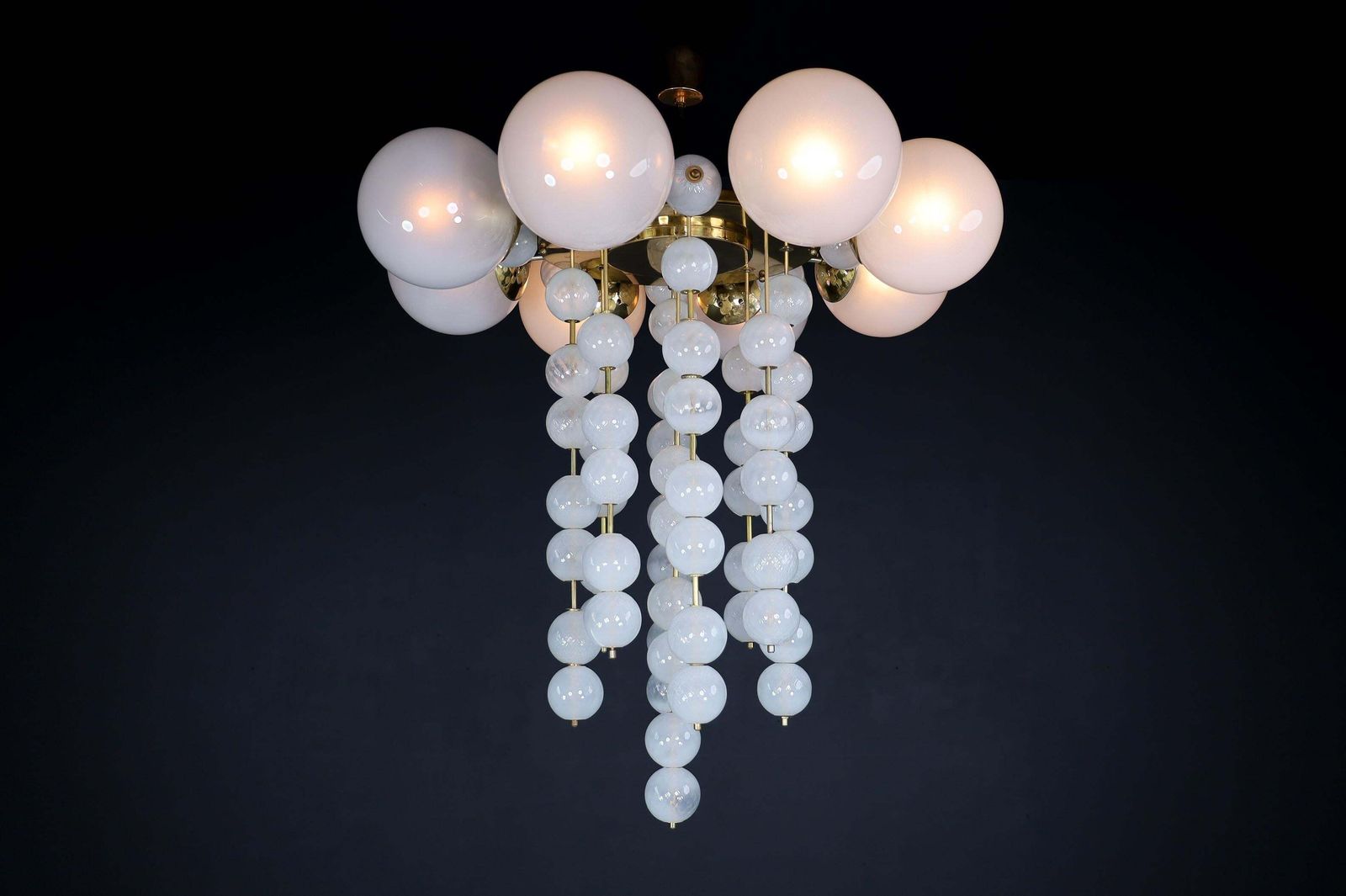 Grand Chandelier With Brass Fixture And Hand Blowed Frosted Glass Globes, 1960s photo Lighting