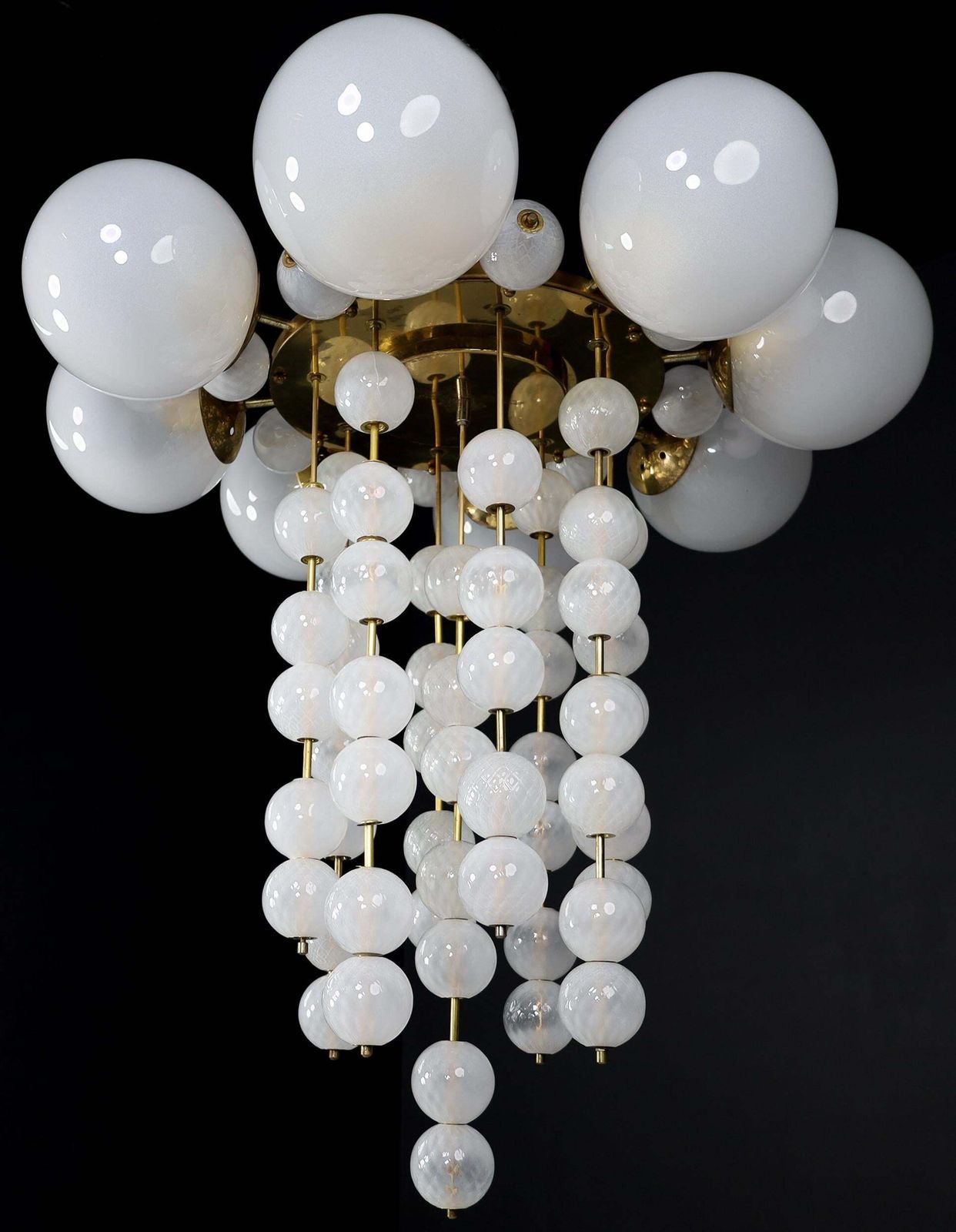 Grand Chandelier With Brass Fixture And Hand Blowed Frosted Glass Globes, 1960s photo 6790.0