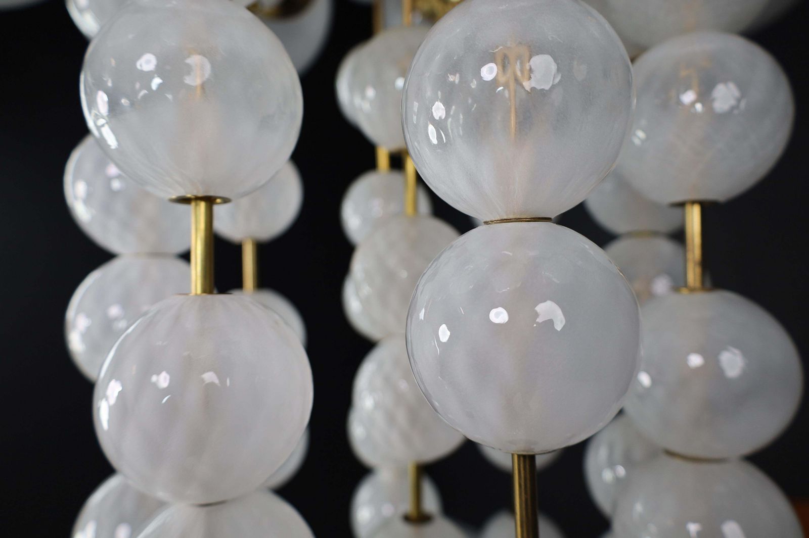 Grand Chandelier With Brass Fixture And Hand Blowed Frosted Glass Globes, 1960s photo vinterior