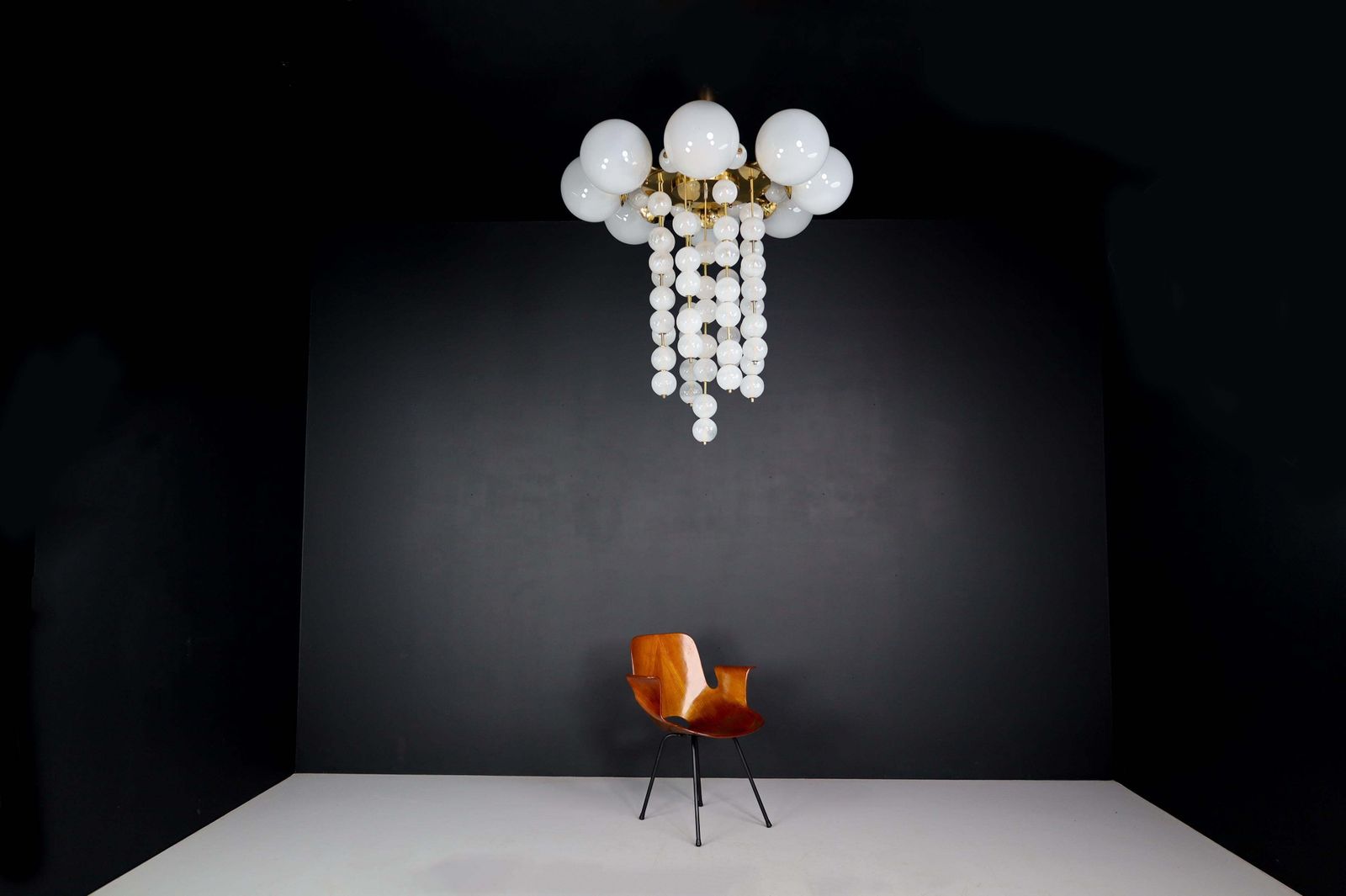 photo for sale Grand Chandelier With Brass Fixture And Hand Blowed Frosted Glass Globes, 1960s