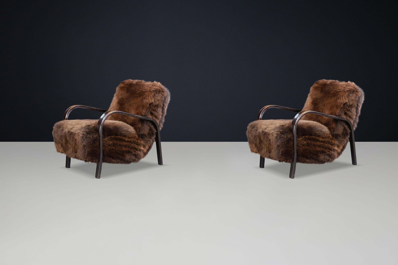1940s Kozelka & Kropacek Armchairs In Texel Sheepskin & Patinated Bentwood photo for sale