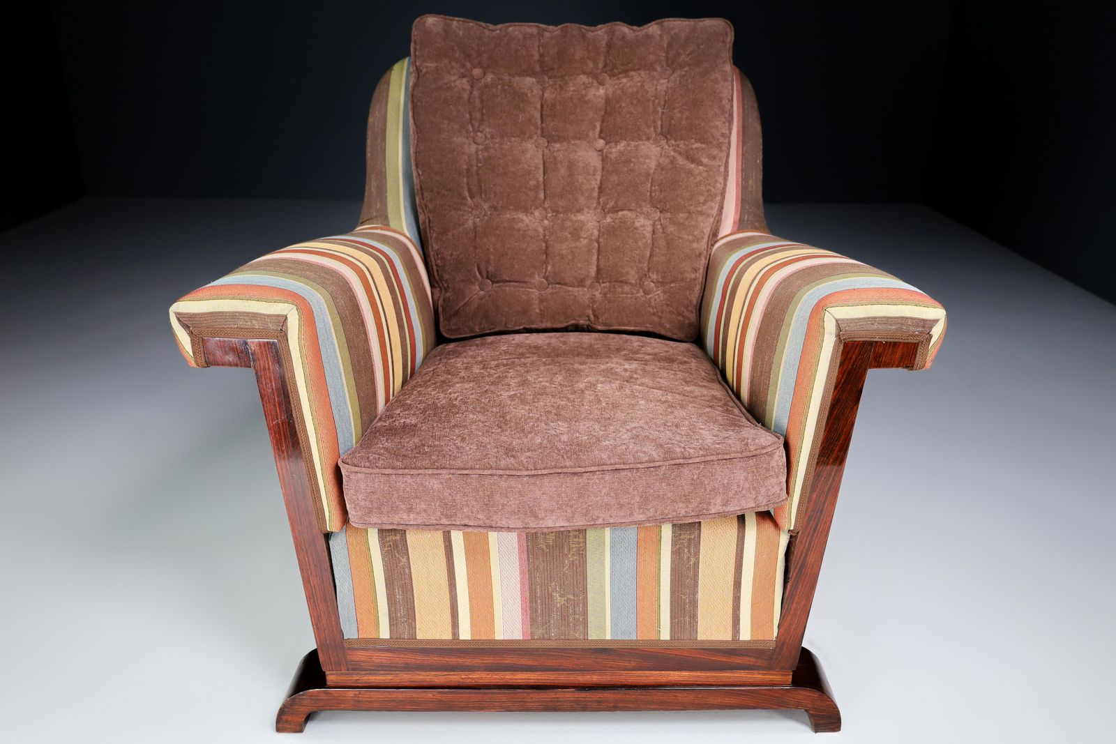 Large Monumental Art Deco Armchair In Walnut And Re Upholstered Fabric, France photo buy