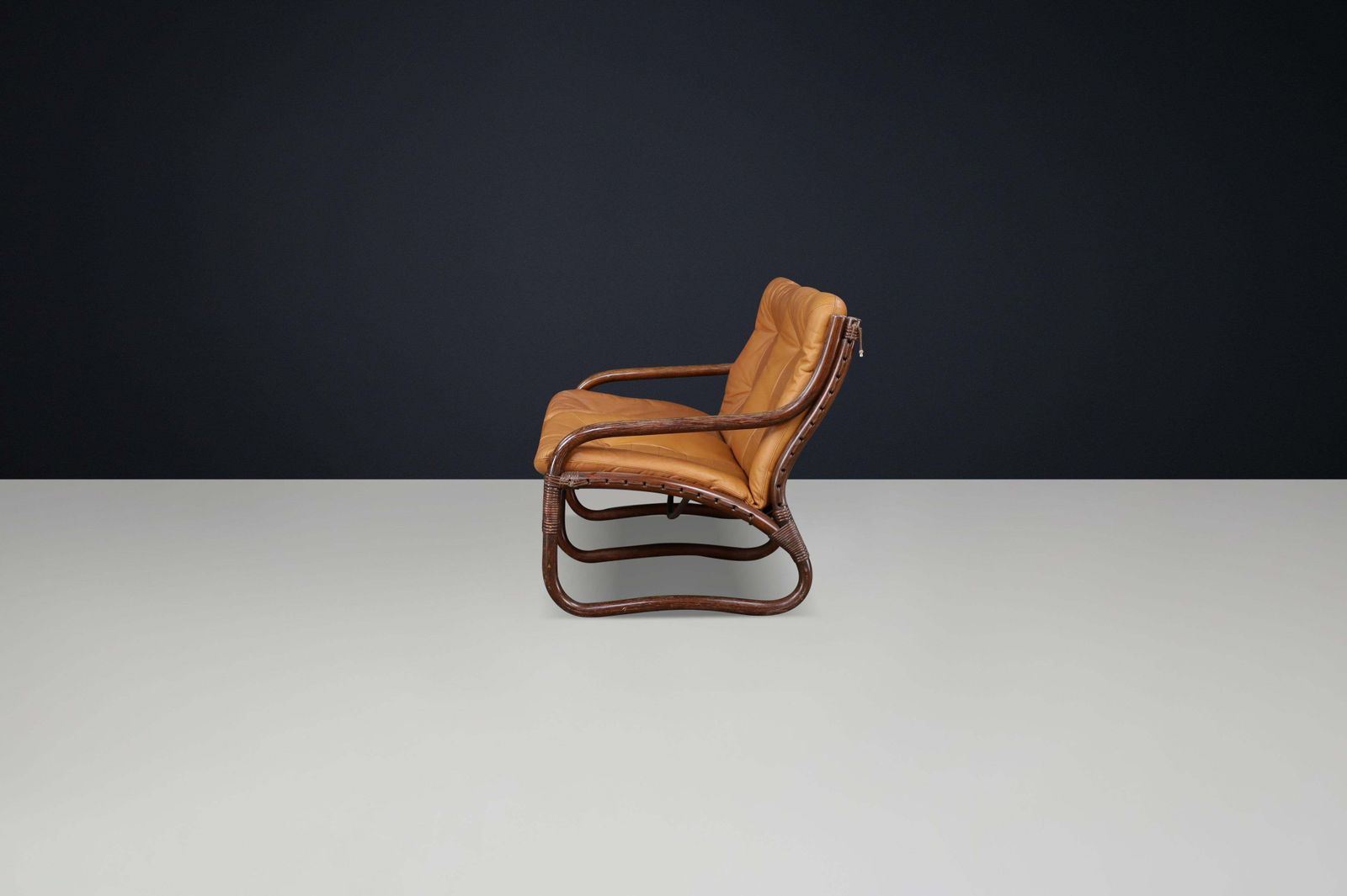 Two Seat “Ecco” Loveseat By Slettvoll In Cognac Leather And Rattan, Norway 1970s photo vinterior
