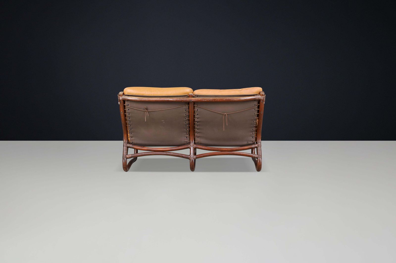 Two Seat “Ecco” Loveseat By Slettvoll In Cognac Leather And Rattan, Norway 1970s photo buy