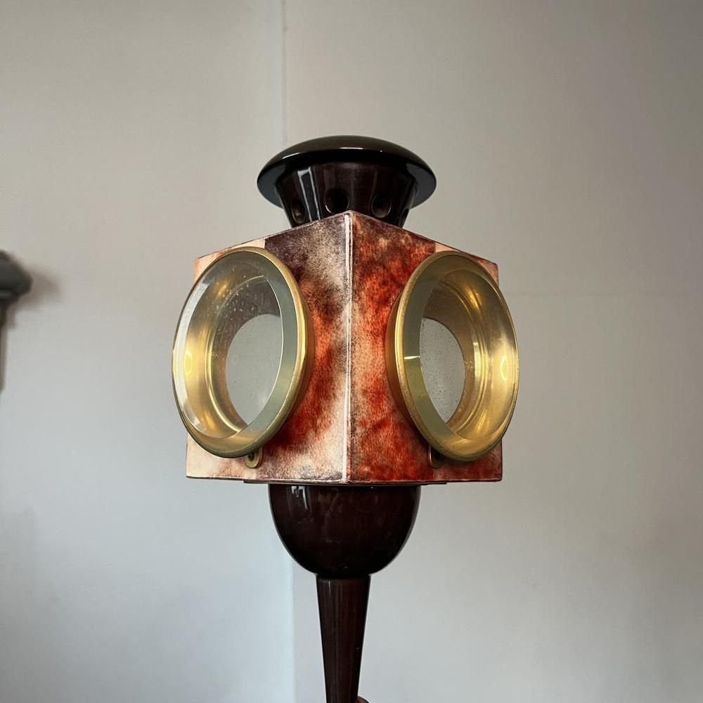 Oiseau Floor Lamp In Lacquered Red Goatskin Parchment From Aldo Tura, Italy, 1950s photo Lighting