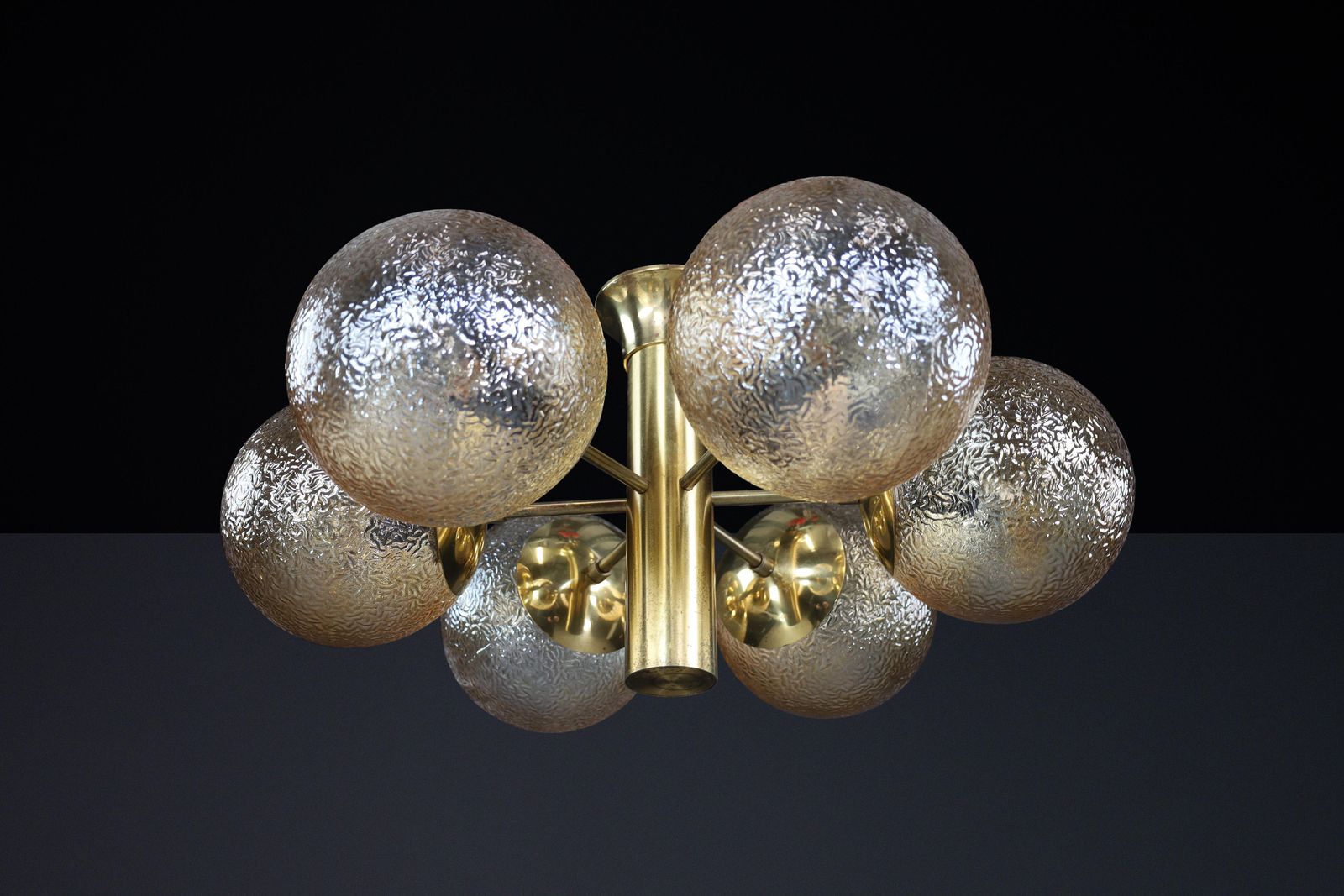 Patinated Brass Sputnik Chandelier With Six Gold Colored Globes, Germany 1960s photo furniture