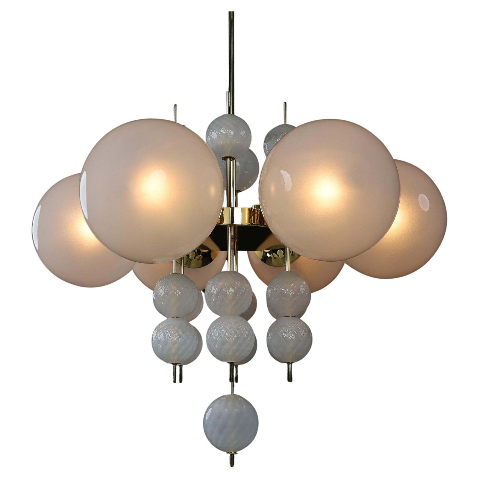 Mid Century Chandelier With Brass Fixture & Hand Blown Pearl White Glass Globes