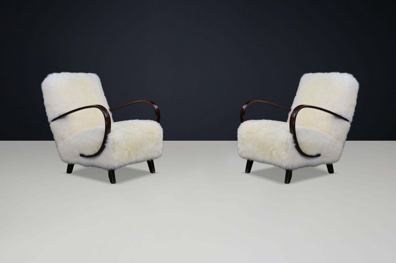 Timeless Pair Of Jindřich Halabala Mid Century Modern Sheepskin Lounge Chairs photo 7066.0