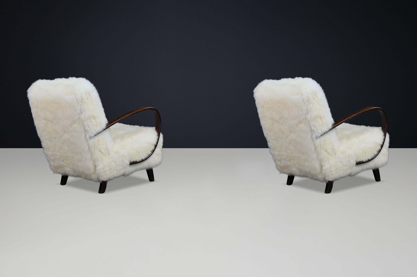 Timeless Pair Of Jindřich Halabala Mid Century Modern Sheepskin Lounge Chairs photo vinterior