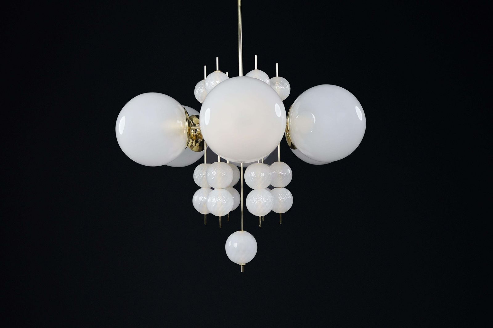 Mid Century Chandelier With Brass Fixture & Hand Blown Pearl White Glass Globes photo for sale