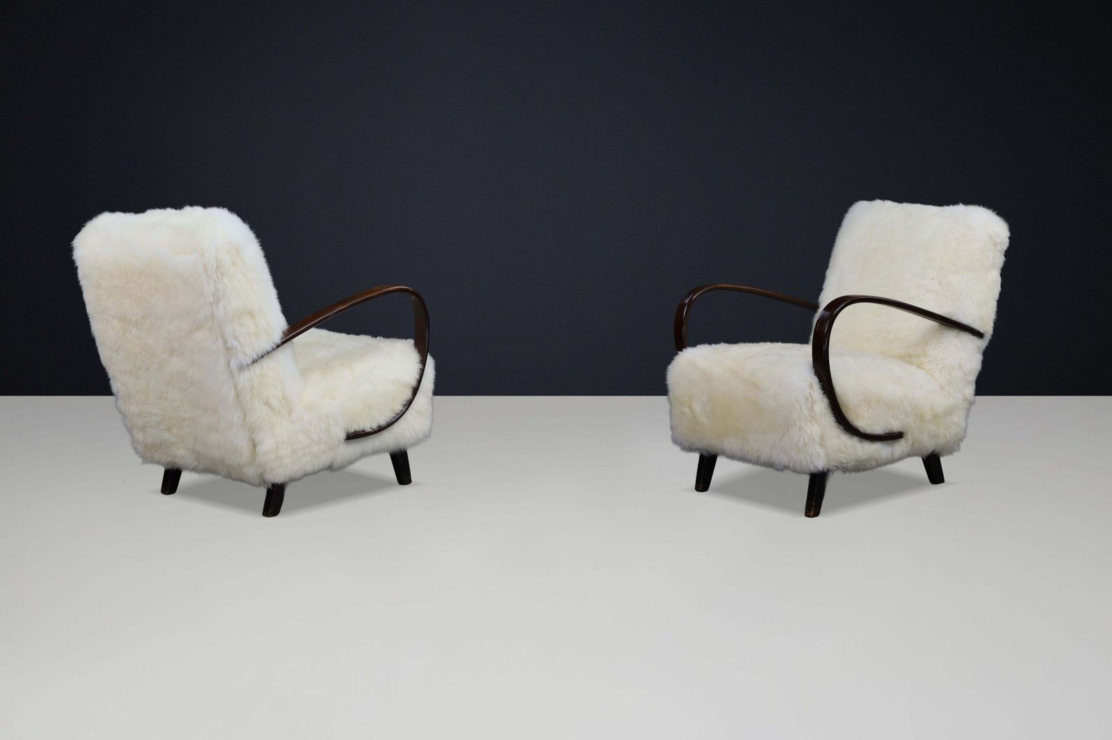 Timeless Pair Of Jindřich Halabala Mid Century Modern Sheepskin Lounge Chairs photo buy