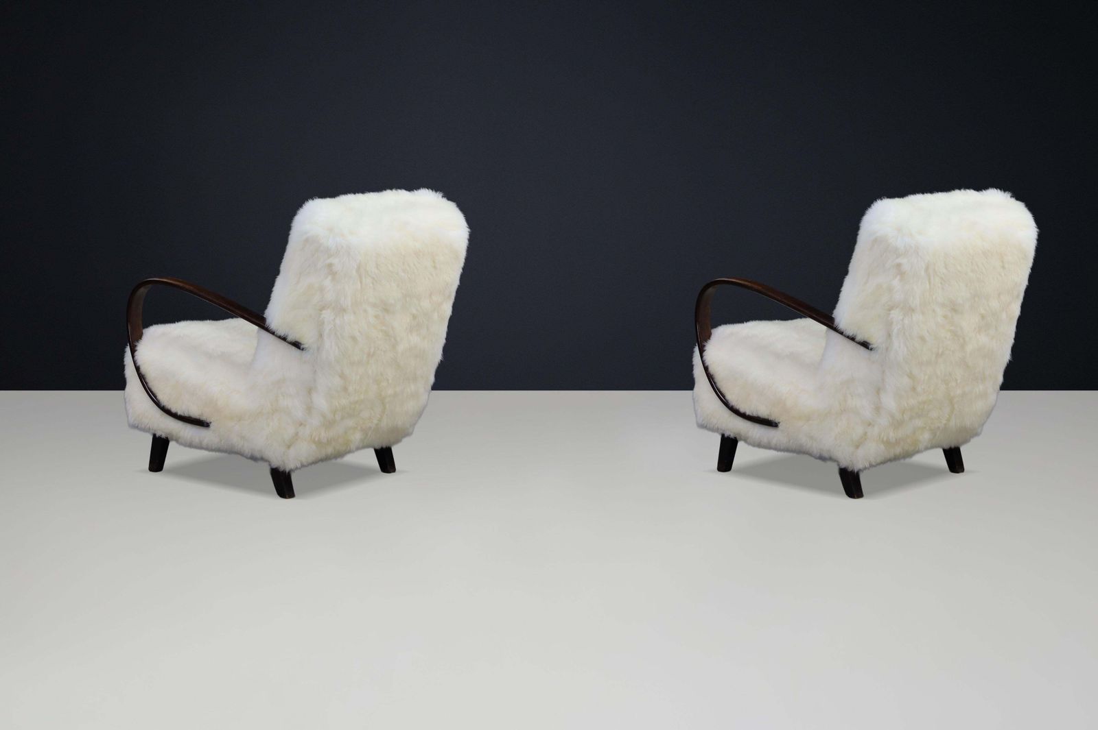Timeless Pair Of Jindřich Halabala Mid Century Modern Sheepskin Lounge Chairs photo vintage