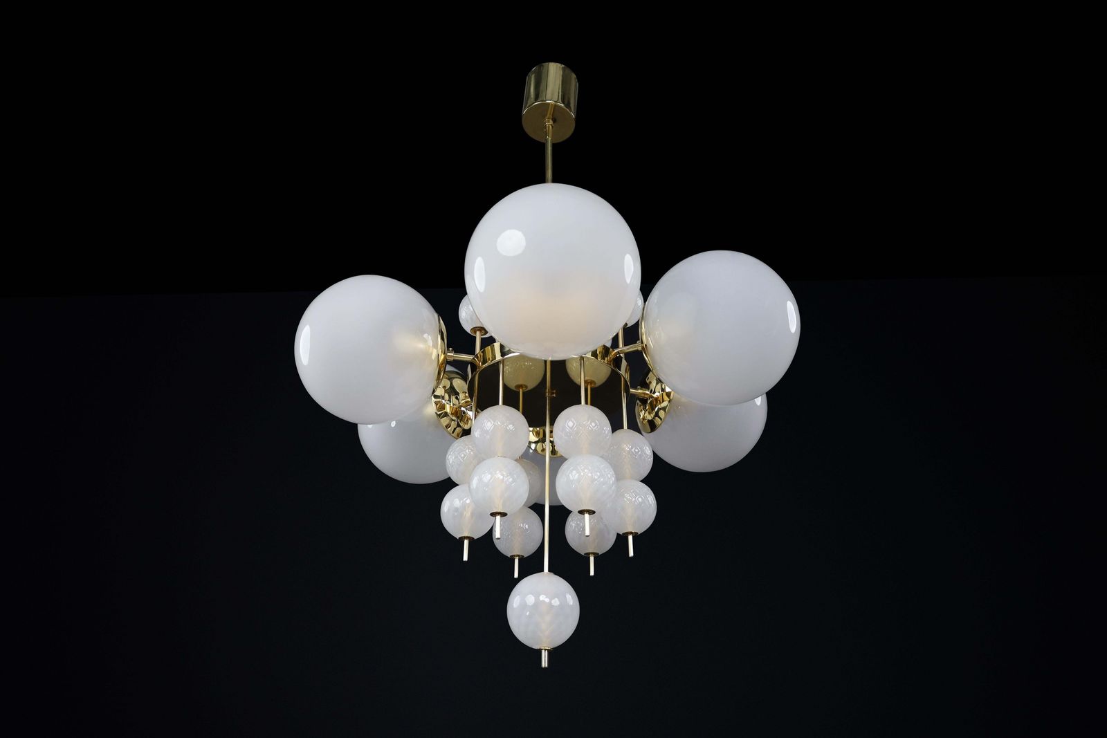 Mid Century Chandelier With Brass Fixture & Hand Blown Pearl White Glass Globes photo vintage