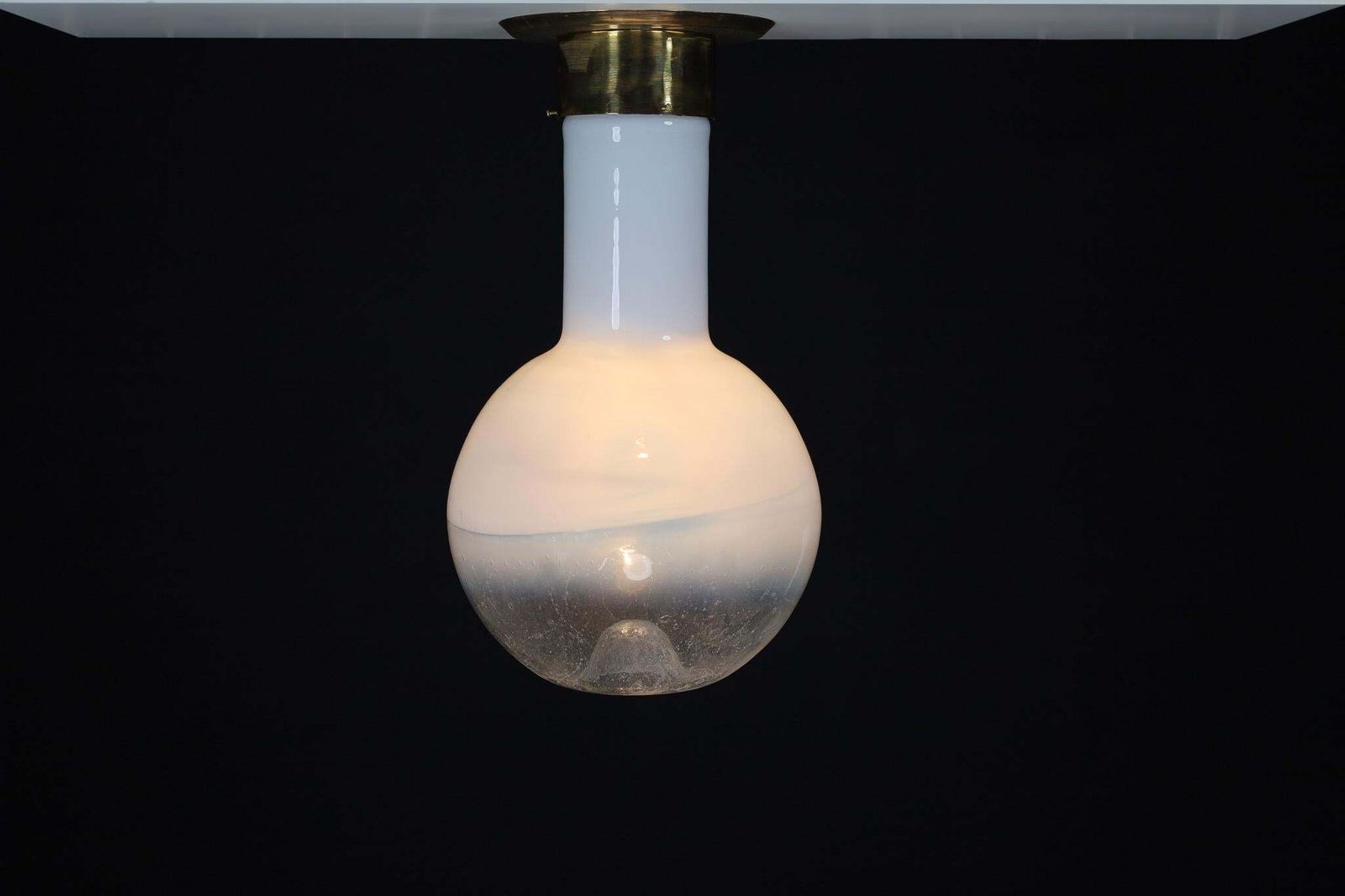 Mid Century Modern Blown Opaline Glass And Brass Chandelier, Italy 1970s photo vinterior