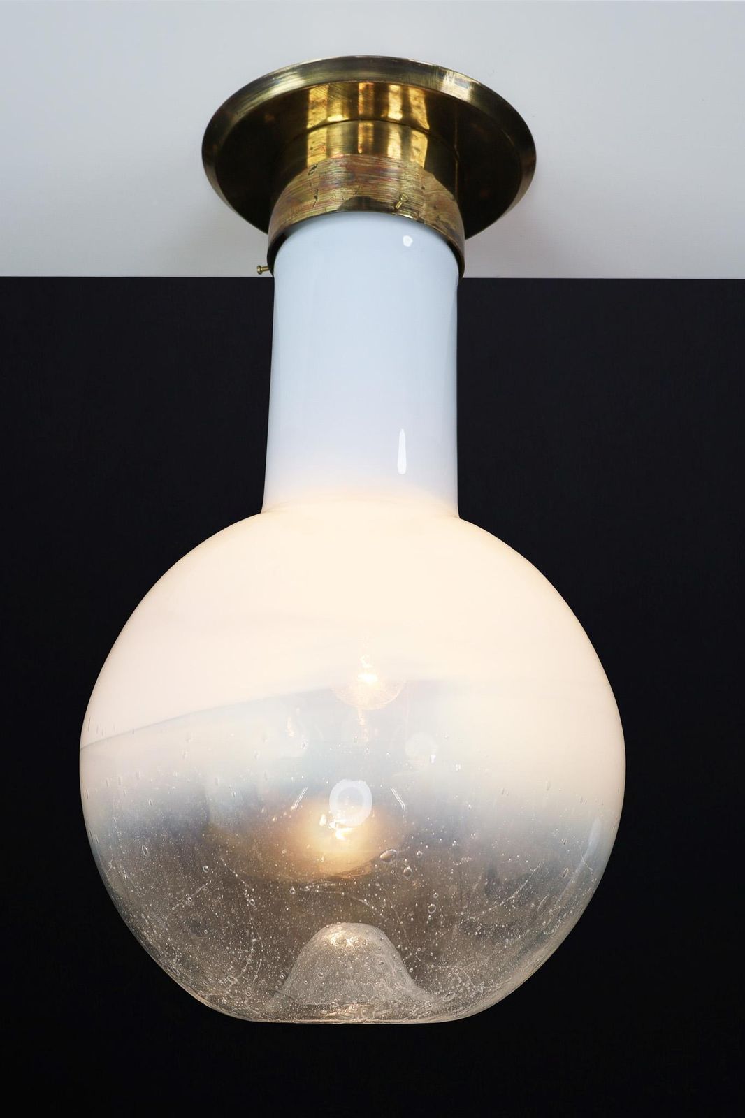 Mid Century Modern Blown Opaline Glass And Brass Chandelier, Italy 1970s photo vintage