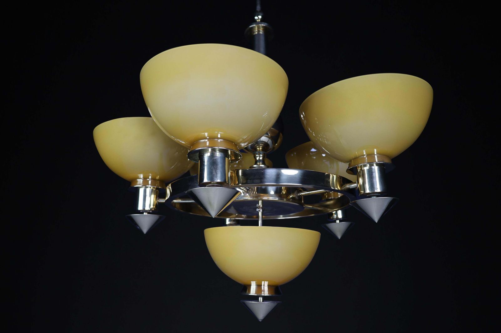 Sculptural Italian Chandelier In Brass & Amber Gold Opaline Glass, 1970s 12x photo for sale
