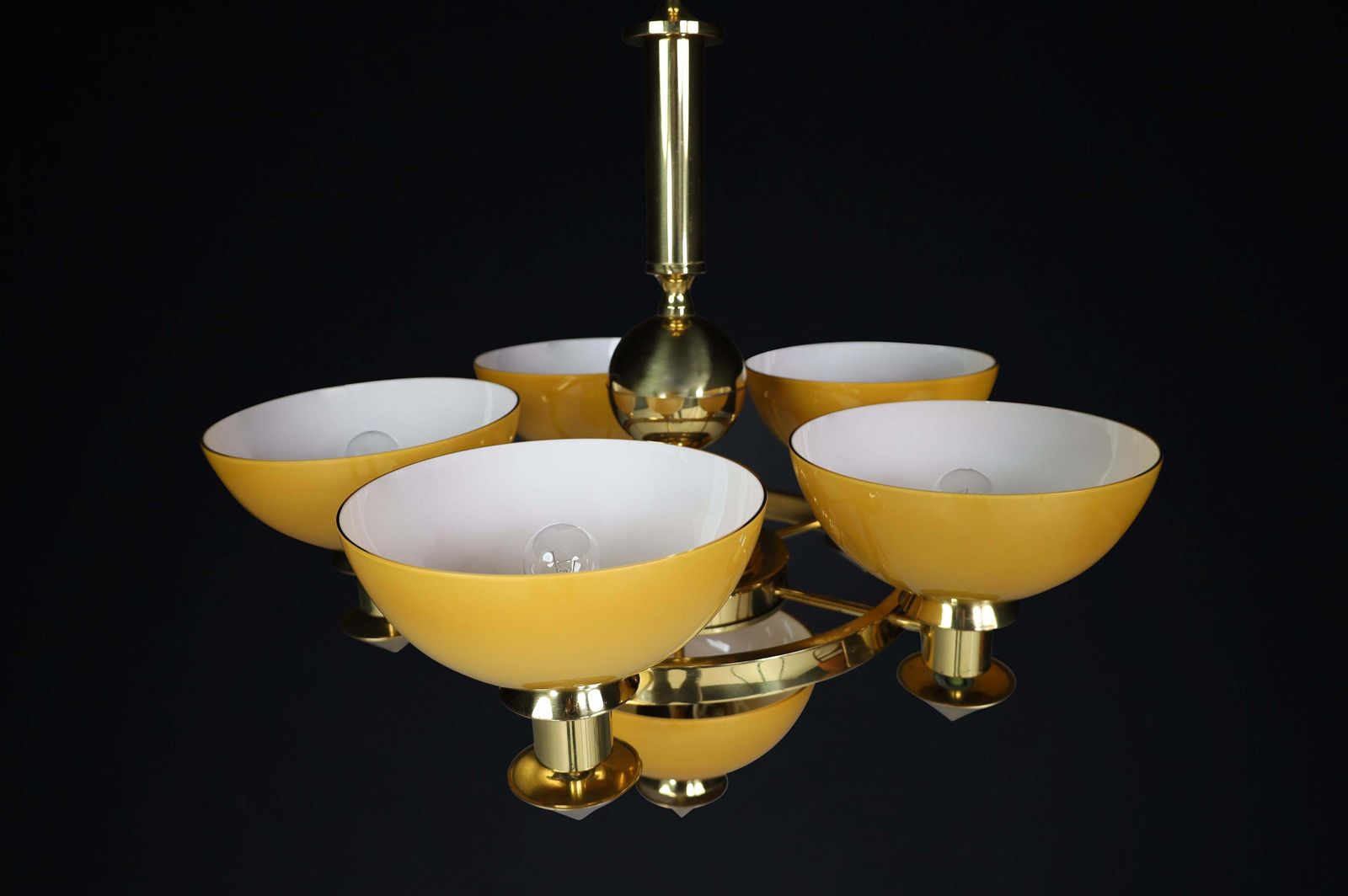 photo furniture Sculptural Italian Chandelier In Brass & Amber Gold Opaline Glass, 1970s 12x