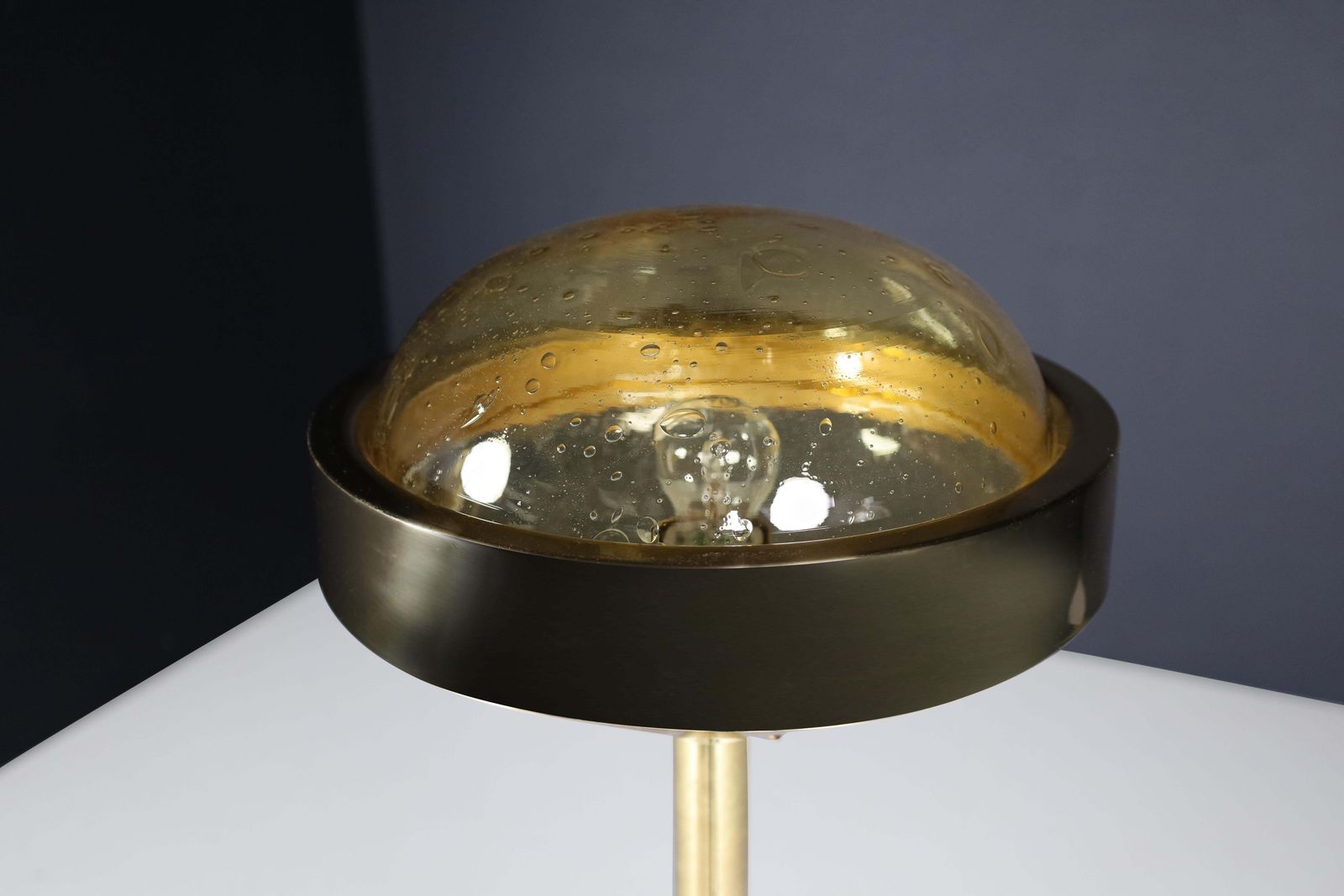 Mid Century Brass Floor Lamp With Hand Blown Glass Shade – Prague, 1960s photo Lighting