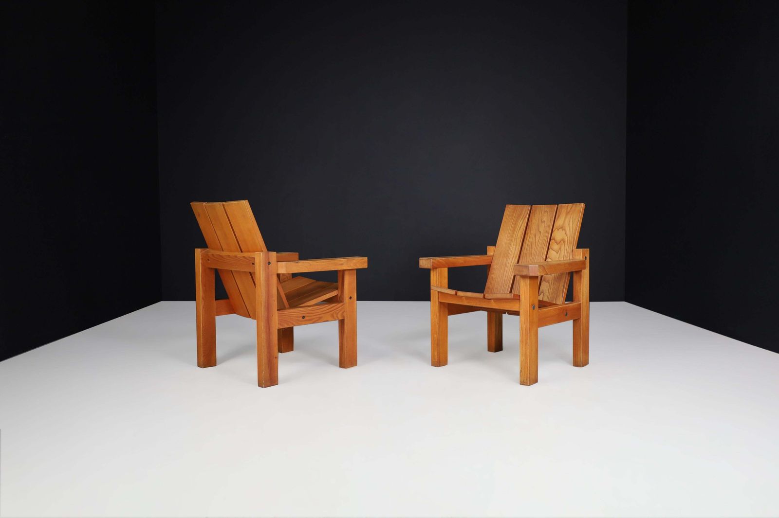 Mid Century Modern, Minimalist Lounge Chairs In Solid Elm, France 1960s photo vinterior