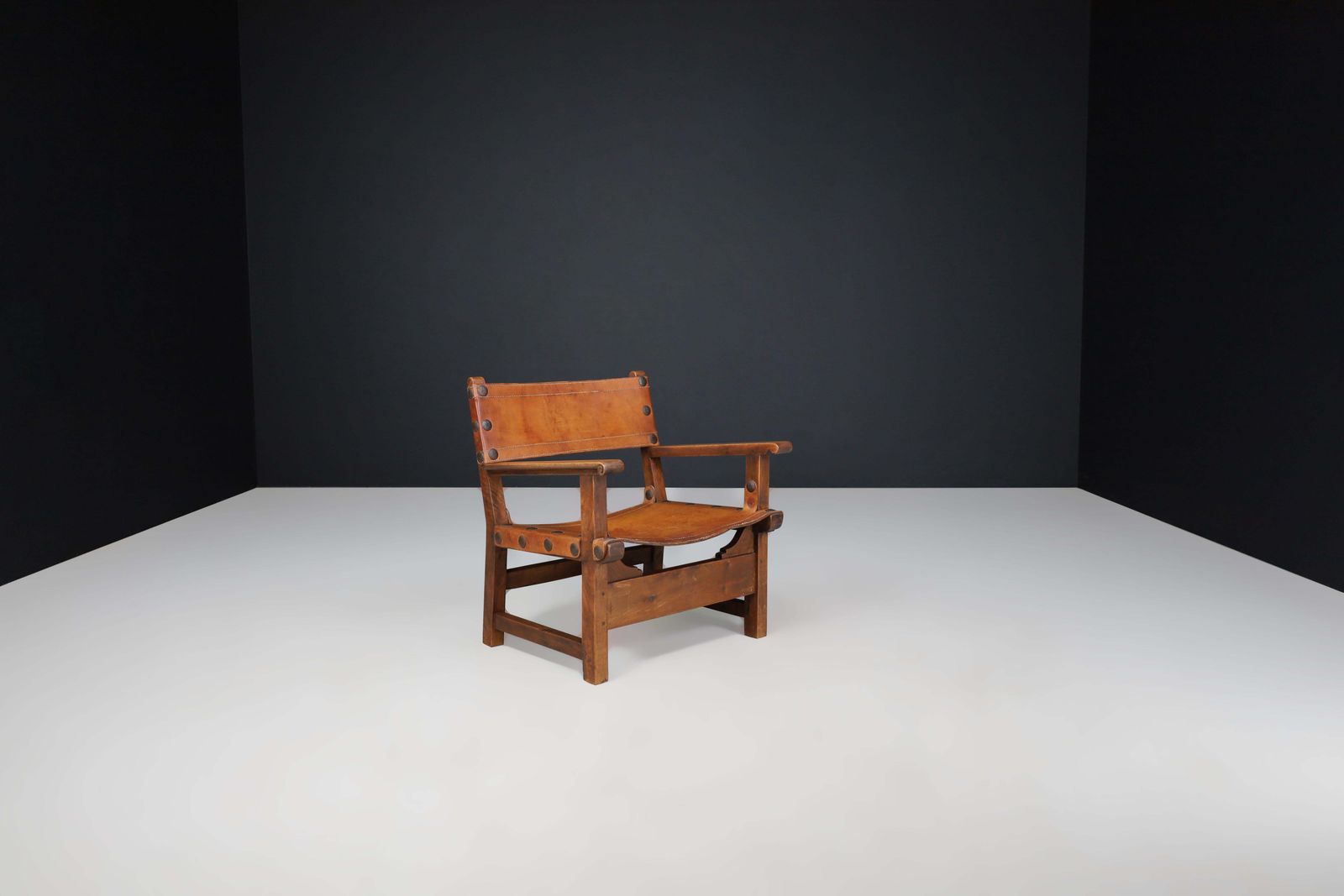 Patinated Wood And Cognac Leather "Spanish Chair" Spain, 1960s photo furniture