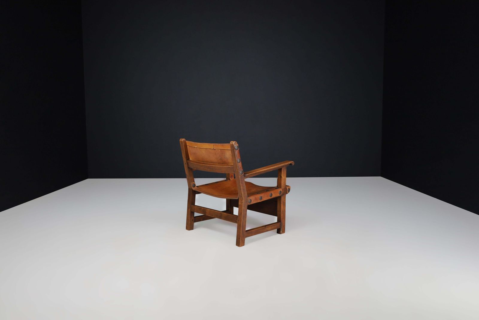Patinated Wood And Cognac Leather "Spanish Chair" Spain, 1960s photo 2485.0