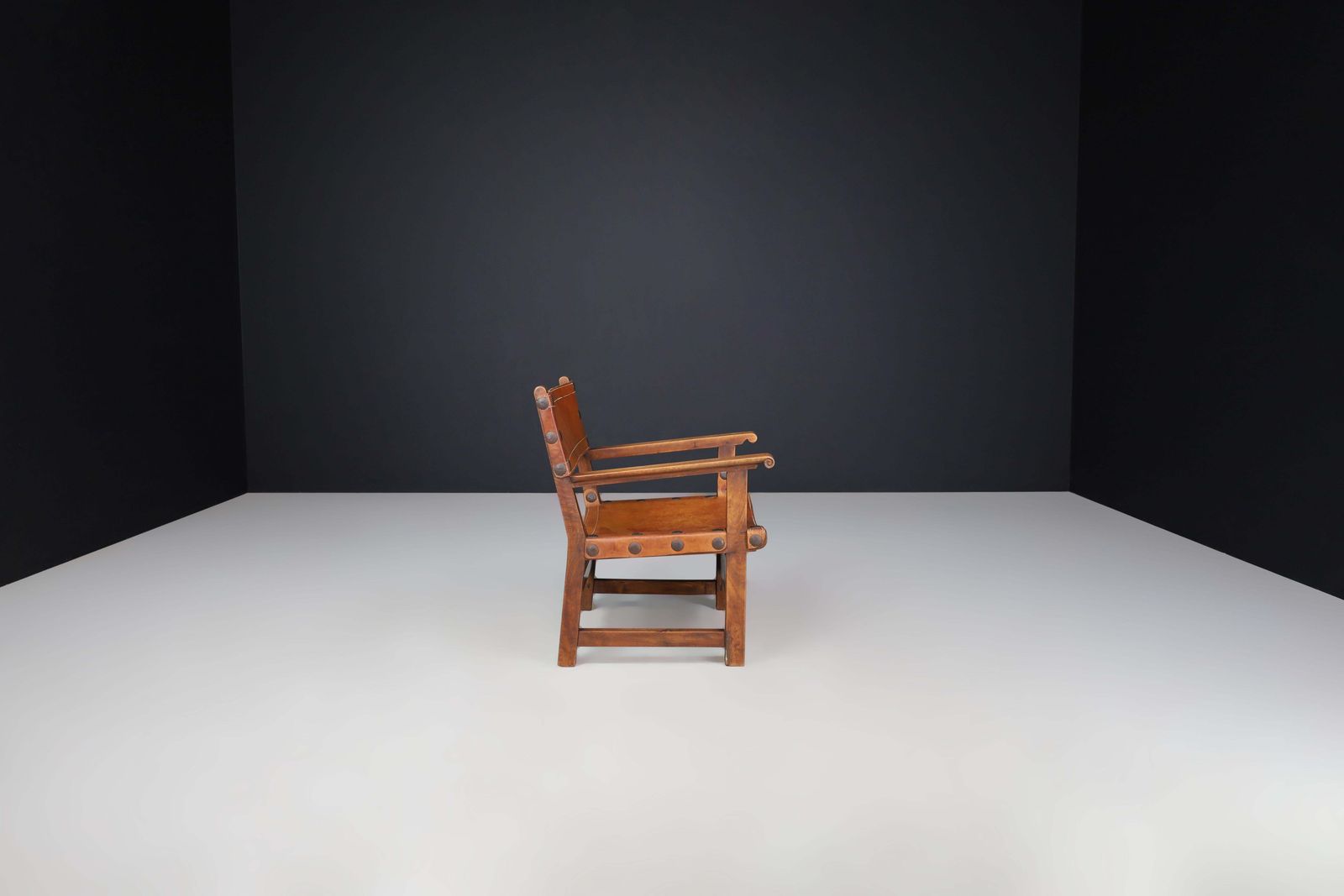 Patinated Wood And Cognac Leather "Spanish Chair" Spain, 1960s photo buy