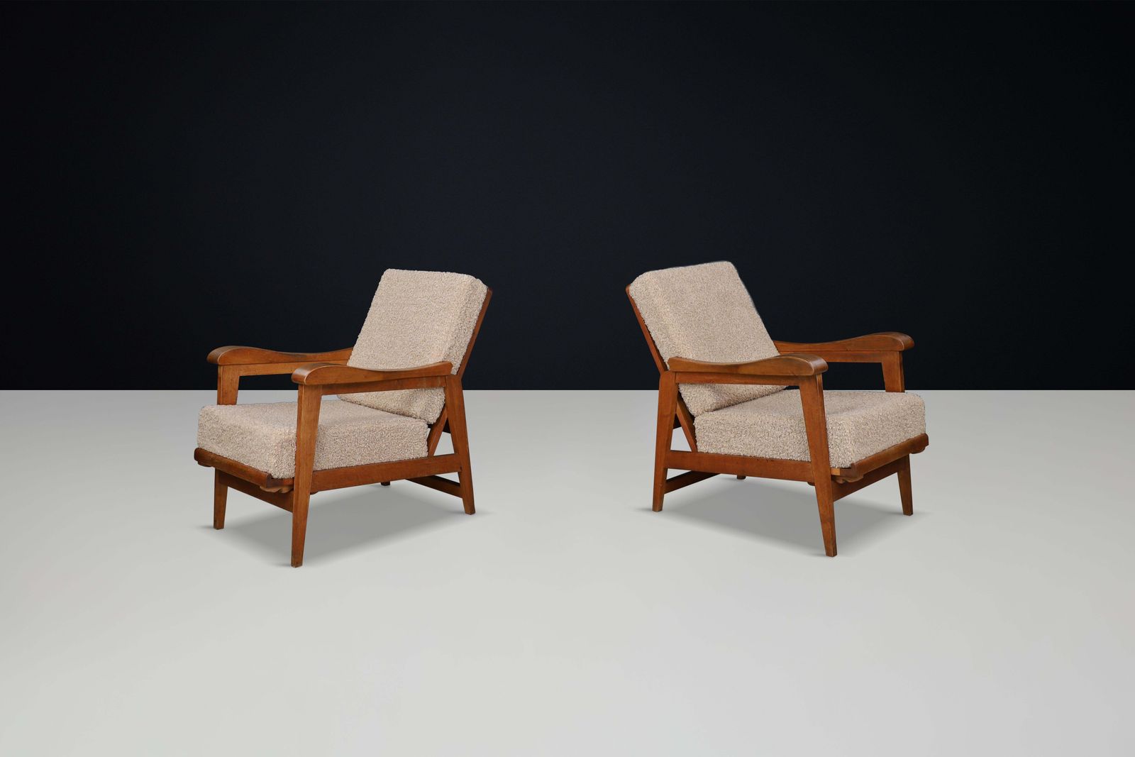 Brutalist Sculptural Adjustable Lounge Chairs In Oak And Teddy Upholstery France photo furniture