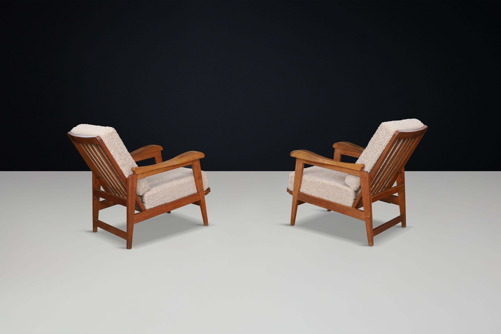 Brutalist Sculptural Adjustable Lounge Chairs In Oak And Teddy Upholstery France photo for sale