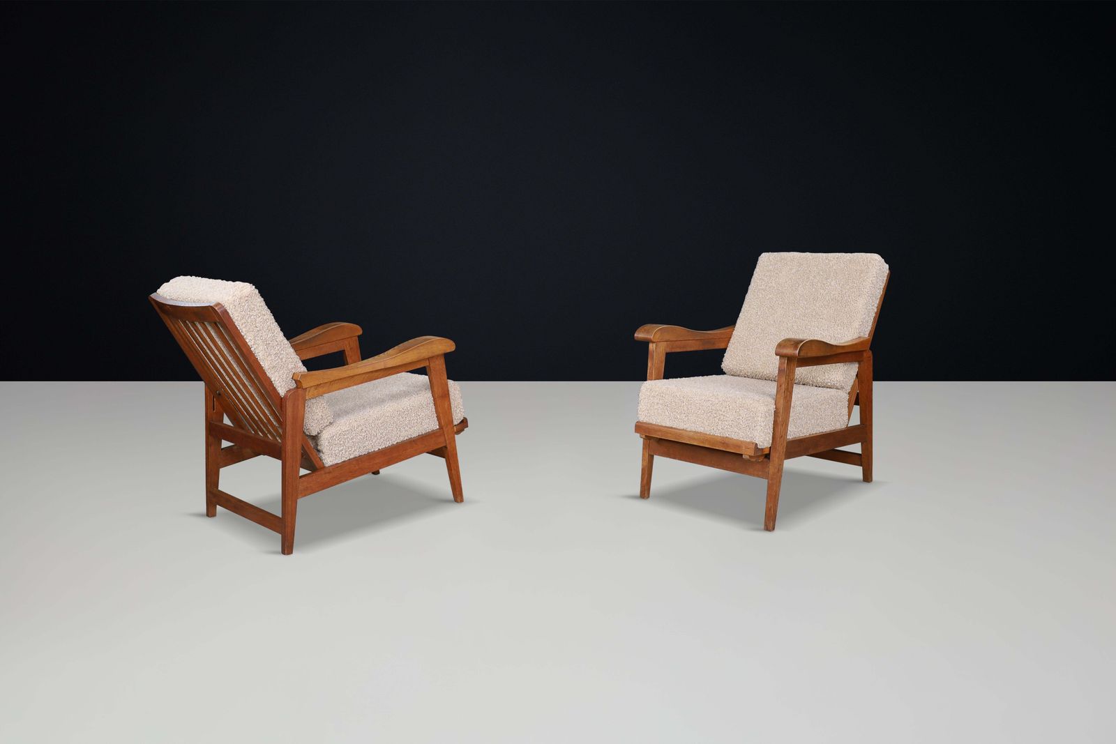 Brutalist Sculptural Adjustable Lounge Chairs In Oak And Teddy Upholstery France photo Furniture
