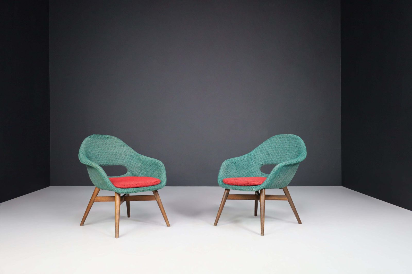 photo for sale Miroslav Navratil Easy Chairs In Original Green & Red Fabric, 1960