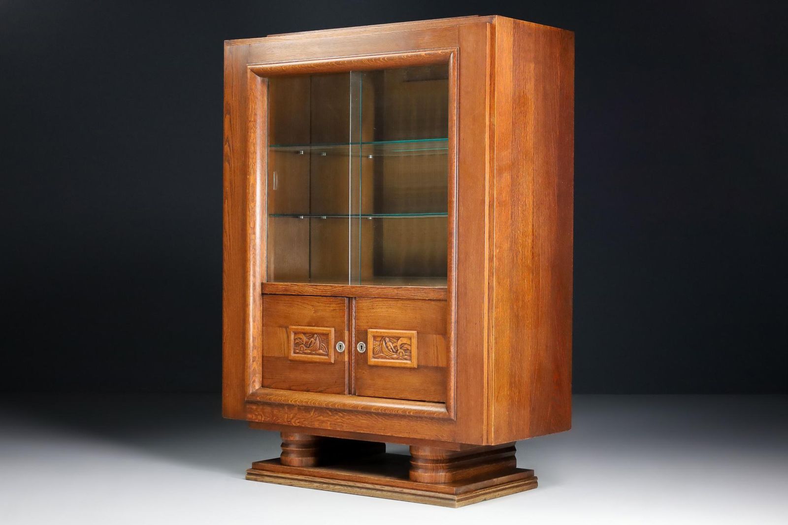 Charles Dudouyt Art Deco Glazed Cabinet In Oak, France, 1940s photo furniture