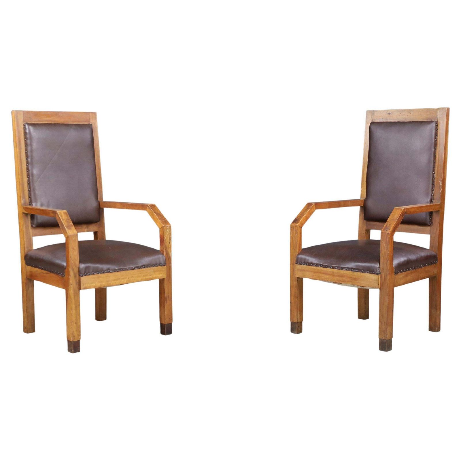 Pair Of Giovanni Michelucci Patinated Oak And Leather Armchairs, Italy, 1930s