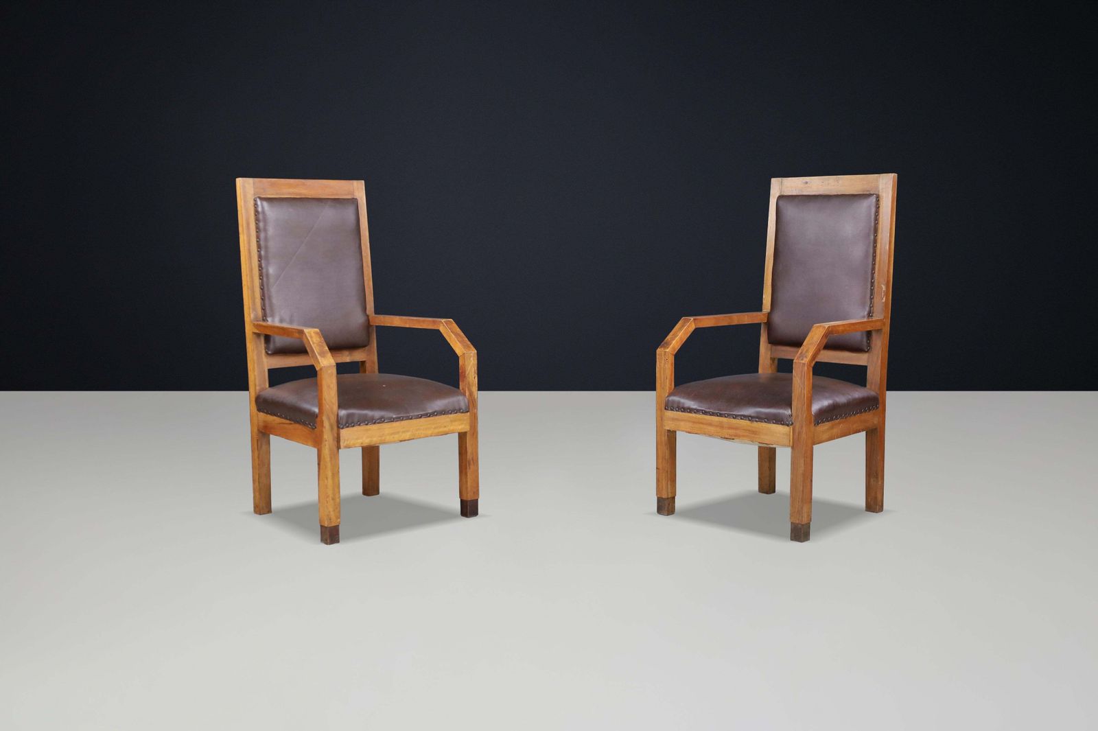 Pair Of Giovanni Michelucci Patinated Oak And Leather Armchairs, Italy, 1930s photo furniture