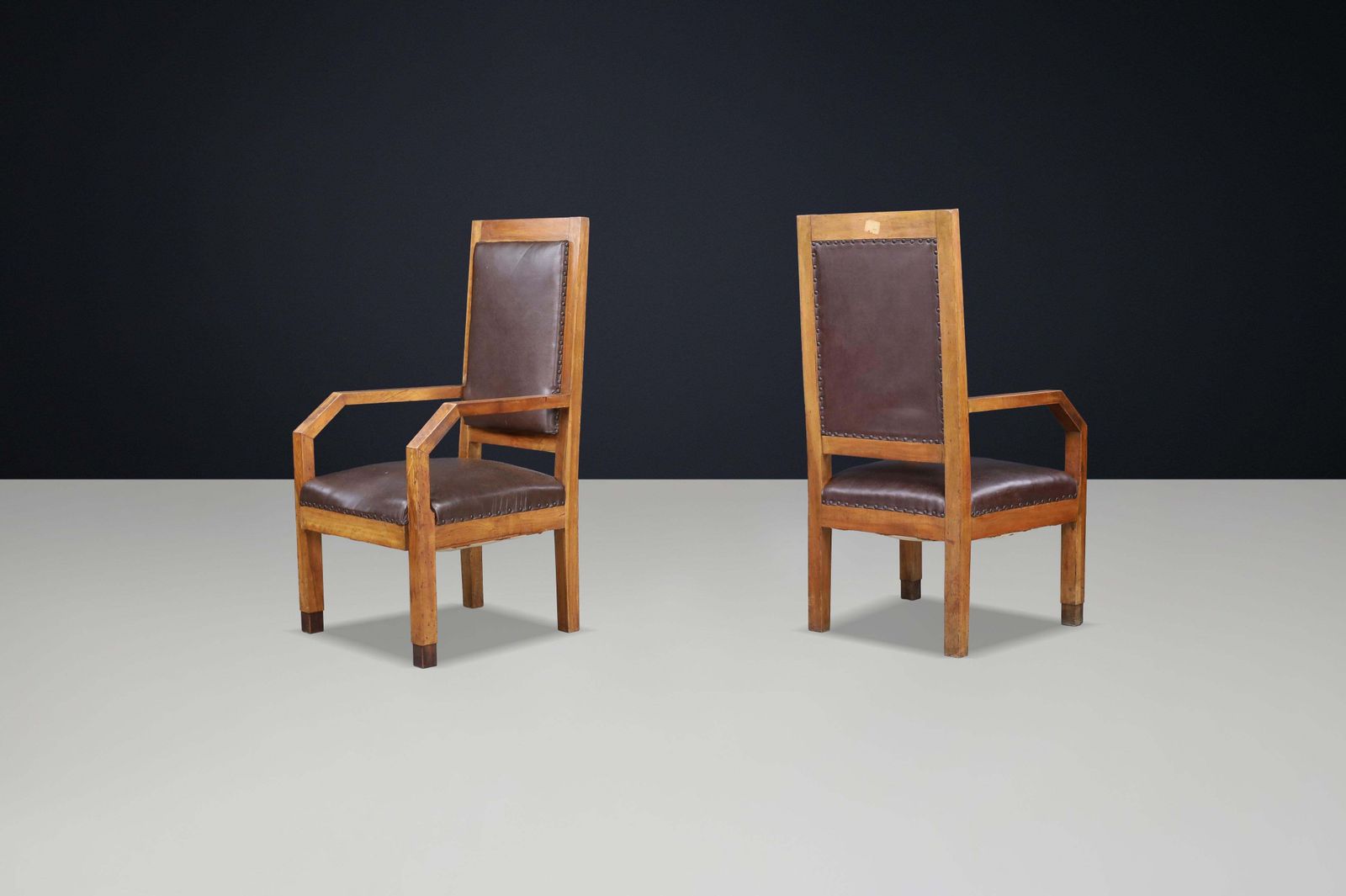 Pair Of Giovanni Michelucci Patinated Oak And Leather Armchairs, Italy, 1930s photo for sale