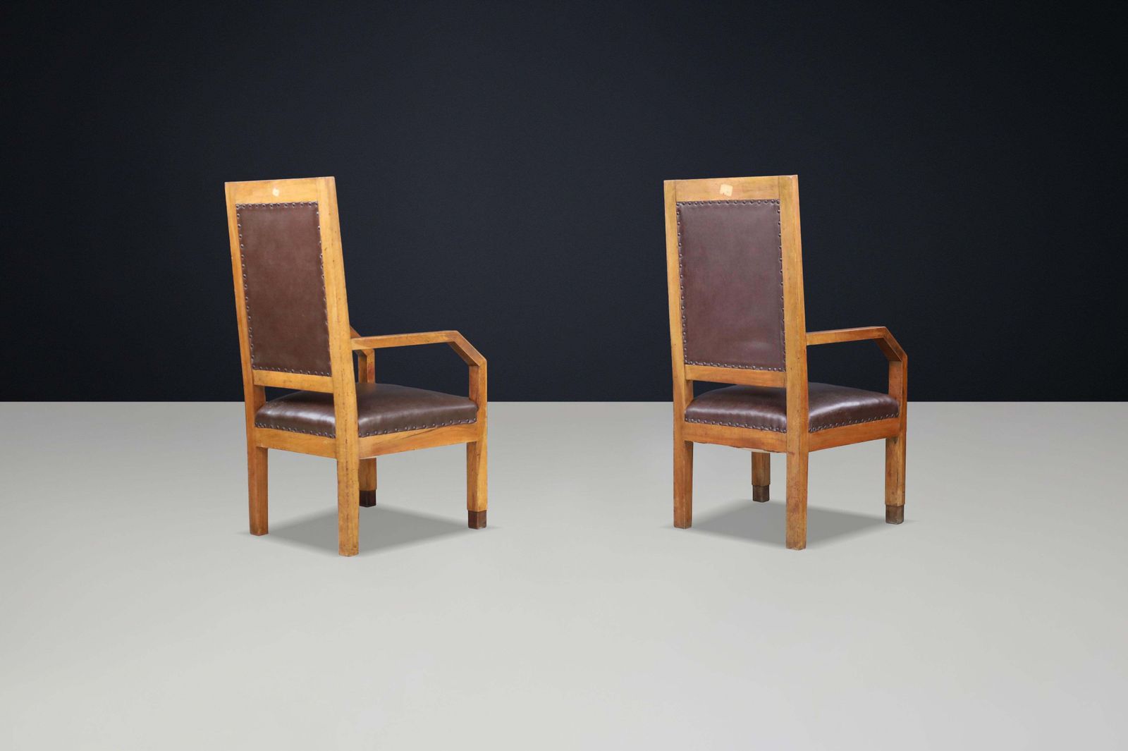 Pair Of Giovanni Michelucci Patinated Oak And Leather Armchairs, Italy, 1930s photo buy