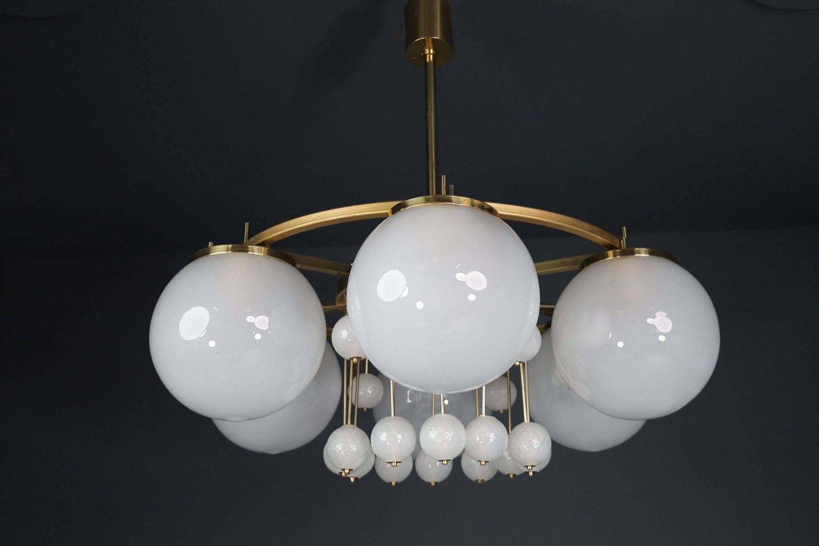Large Brass Bohemian Chandelier With Frosted Glas Globes, The 1950s photo vintage