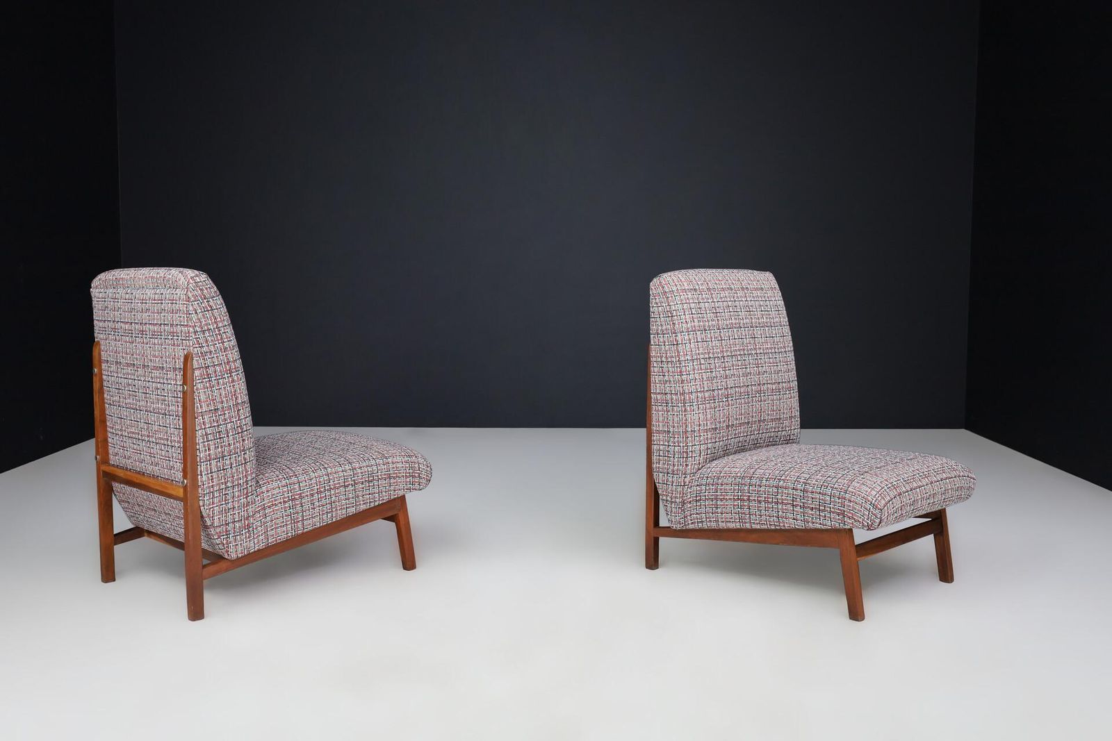 Mid Century Modern Walnut & Newly Upholstered Lounge Chairs, Italy, 1960s photo vintage