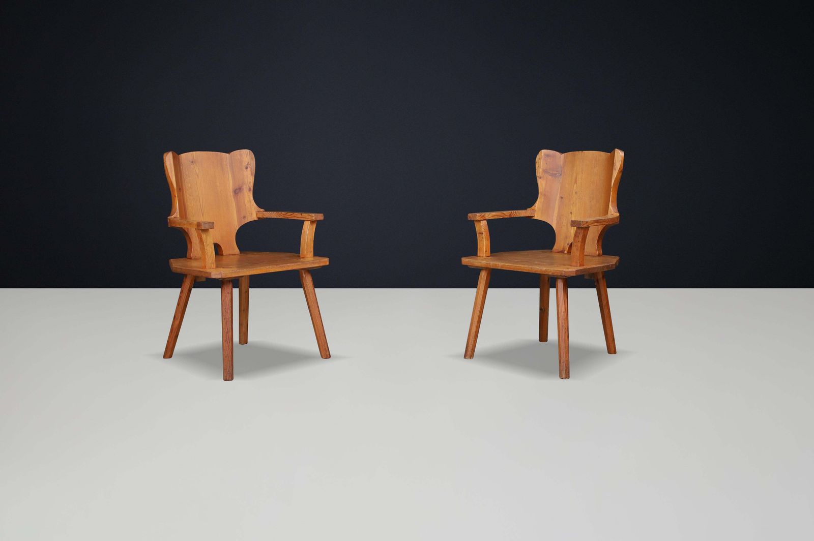 Monumental Swedish Pine Armchairs, 1950s – Sculptural Rustic Modernism photo furniture